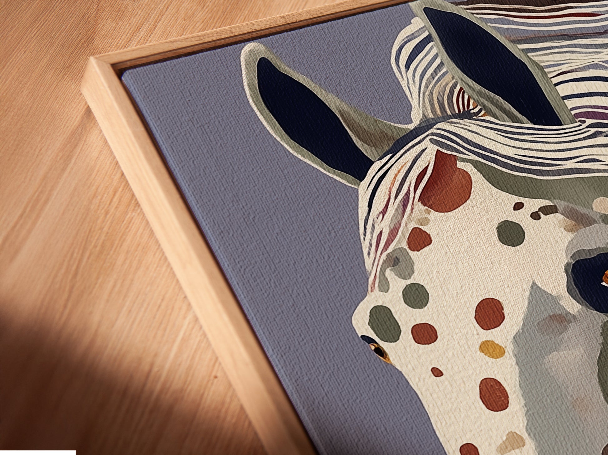 A close-up angled shot shows the canvas print in a floating frame. The floating frame enhances the artwork. It creates a modern gallery like aesthetic. This abstract animal art is perfect for adding a contemporary touch to any space.