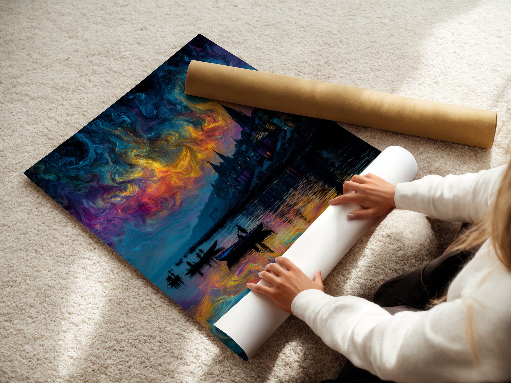 A woman is rolling a fine art poster paper. This surreal cityscape features a vibrant swirling sky. The colorful wall art is perfect for office wall art. Shop the dreamscape print today. Add color to your walls.