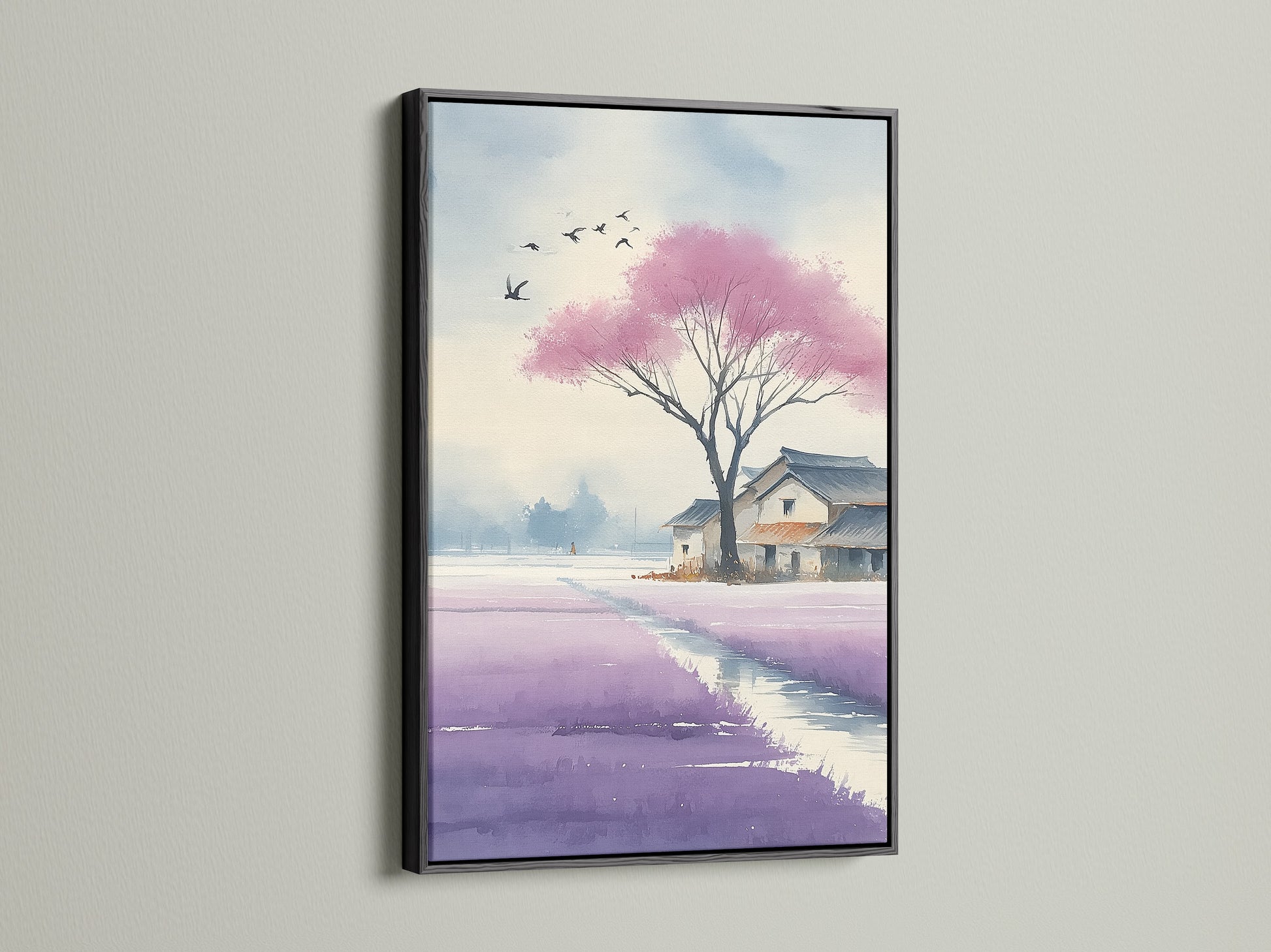 Japanese Cherry Blossom artwork in a black frame. Enhance your space with this stunning floral canvas. Perfect for contemporary decor. It is a beautiful Asian landscape. The artwork features a watercolor painting. It is a great office art print.