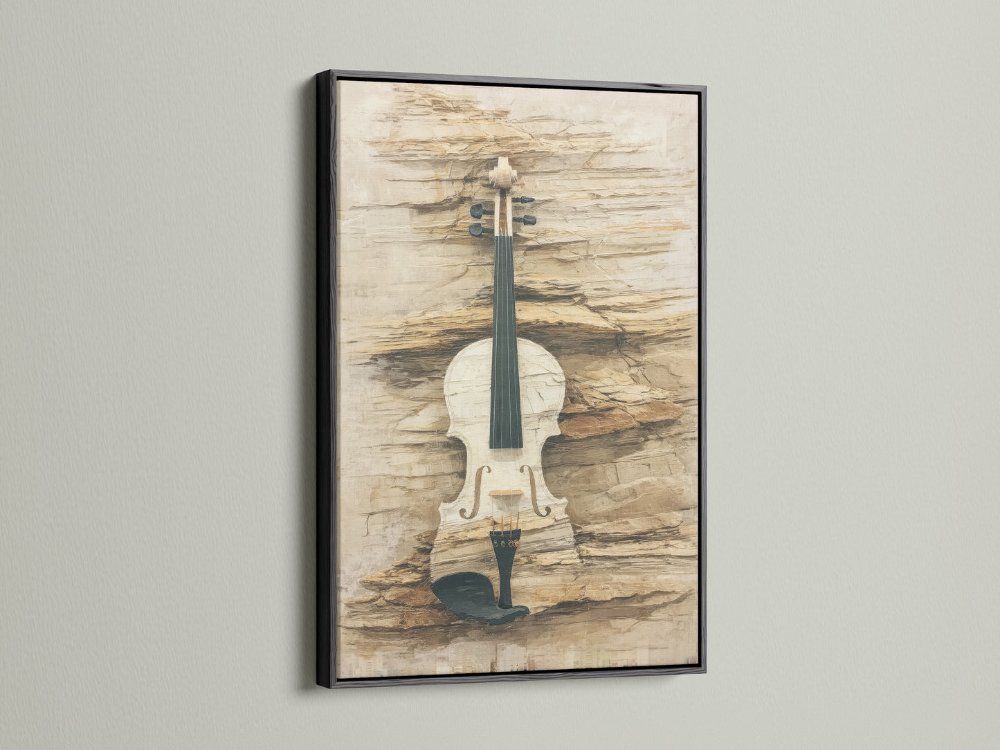 The black frame highlights the vintage violin art. This musical instrument artwork stands out with neutral tones. Enhance your music room decor with this rustic artwork. It's a striking piece for classical music lovers.