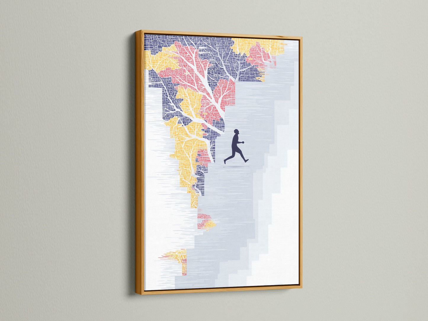 Running Man Canvas Print presented in a gold frame. This abstract stairs wall art brings sophistication to any setting. Inspire your workday with this motivational artwork. The teal and orange tones create a stylish home decor.