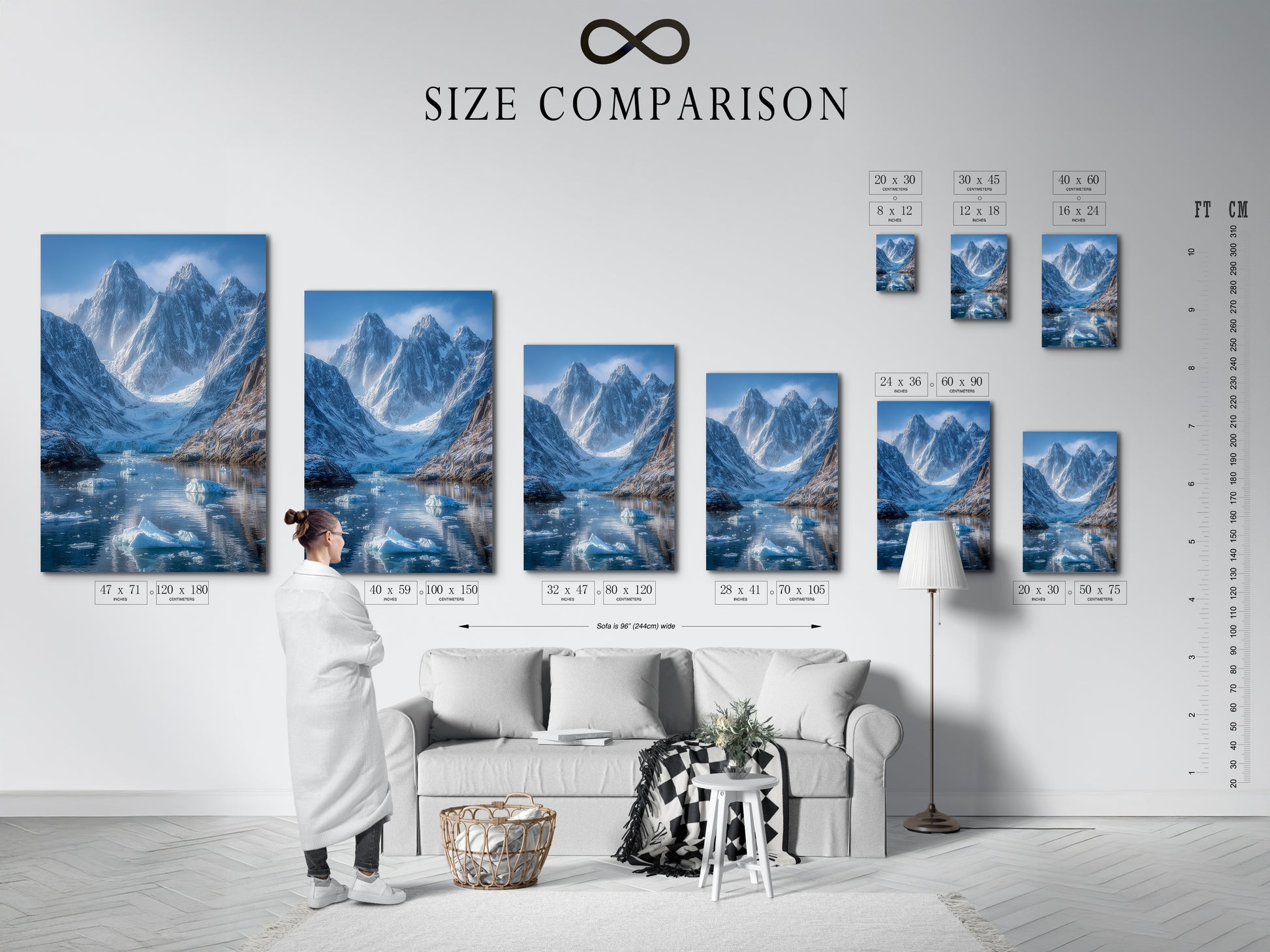 A size comparison chart shows the mountain glacier artwork in an interior setting.  Visualize the perfect fit for your space.  The arctic landscape print enhances any room's decor.