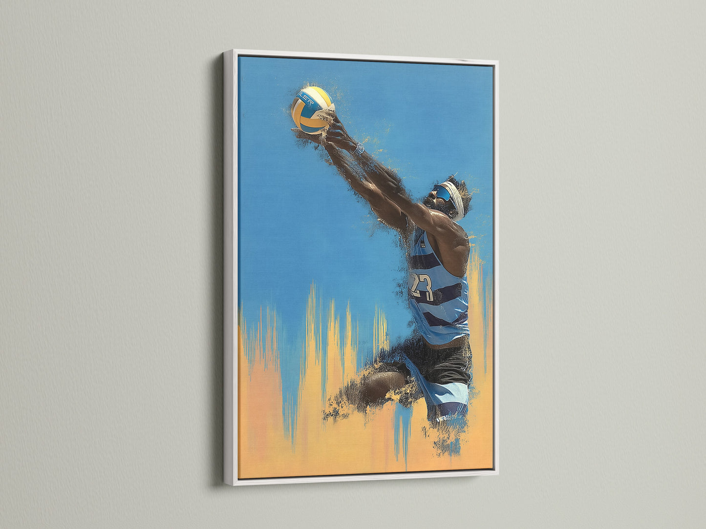 Volleyball player artwork in a white frame. The white frame offers a clean and modern look. The artwork features a dynamic volleyball scene. Ideal for contemporary interiors and sports-themed rooms.