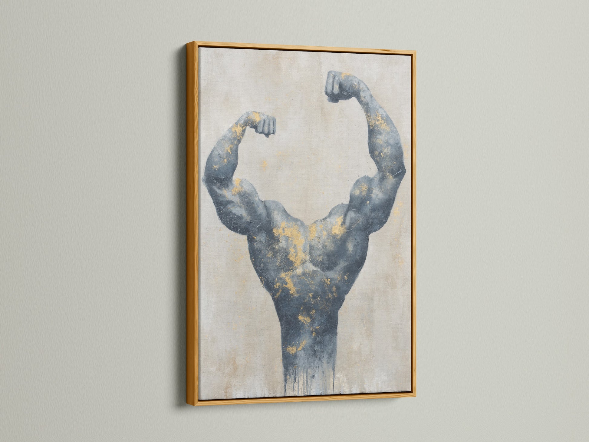 Bodybuilder canvas print with a gold frame. This artwork is perfect for fitness enthusiasts. The gray muscle art gets a lift from the gold accents. Add strength art to your gym wall or home office.