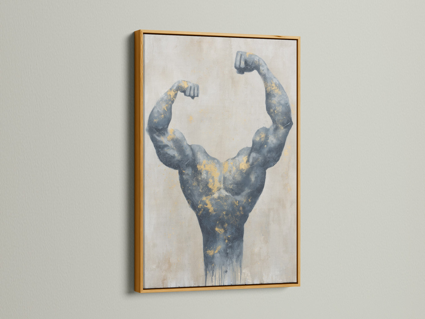 Bodybuilder canvas print with a gold frame. This artwork is perfect for fitness enthusiasts. The gray muscle art gets a lift from the gold accents. Add strength art to your gym wall or home office.
