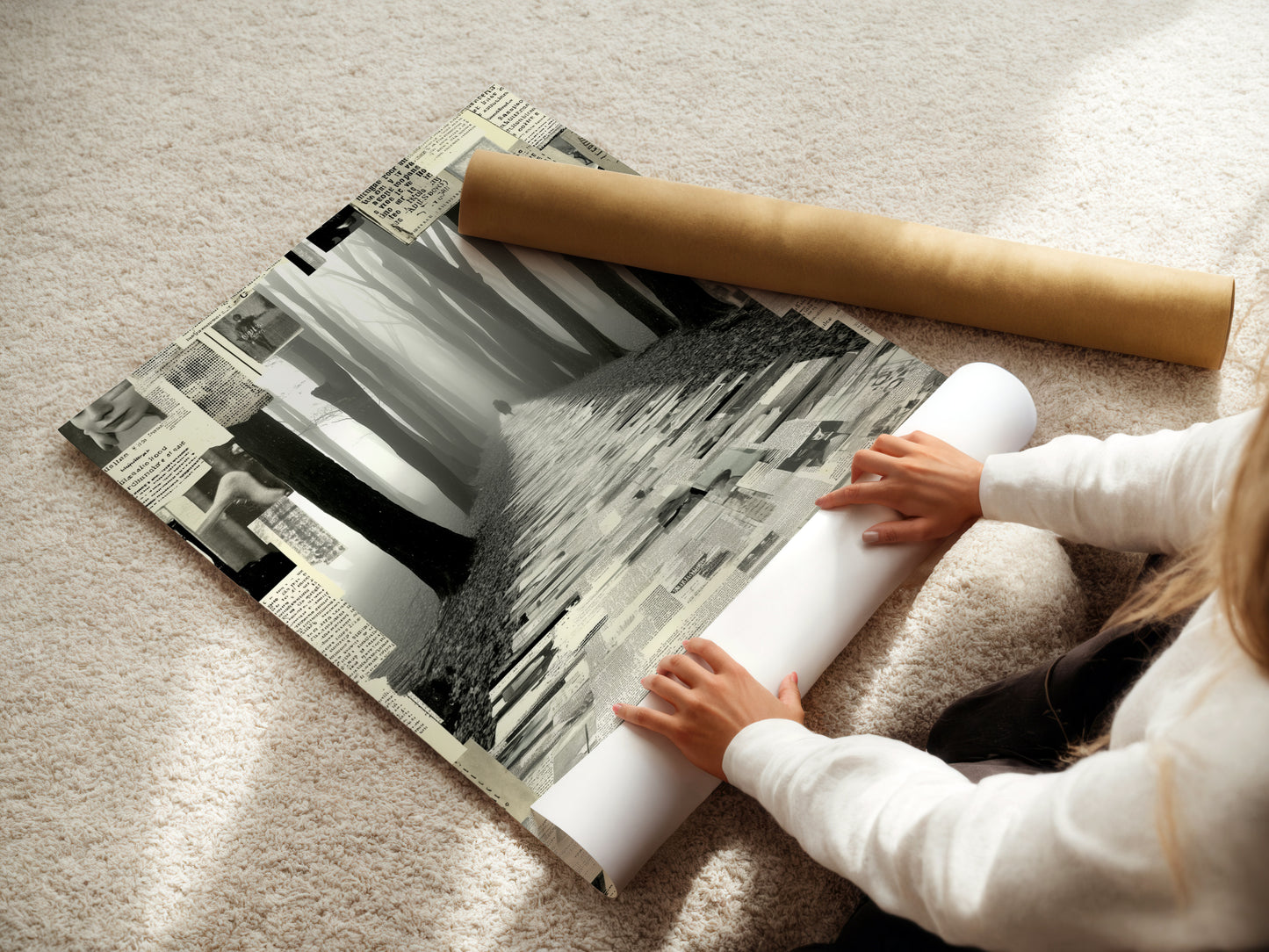 A woman carefully rolls a fine art poster paper of the Foggy Forest Path. This black and white collage wall art is ready to be framed and displayed. Perfect for adding a touch of mystery to your study room. This monochrome print enhances modern minimalist and Scandinavian interiors.