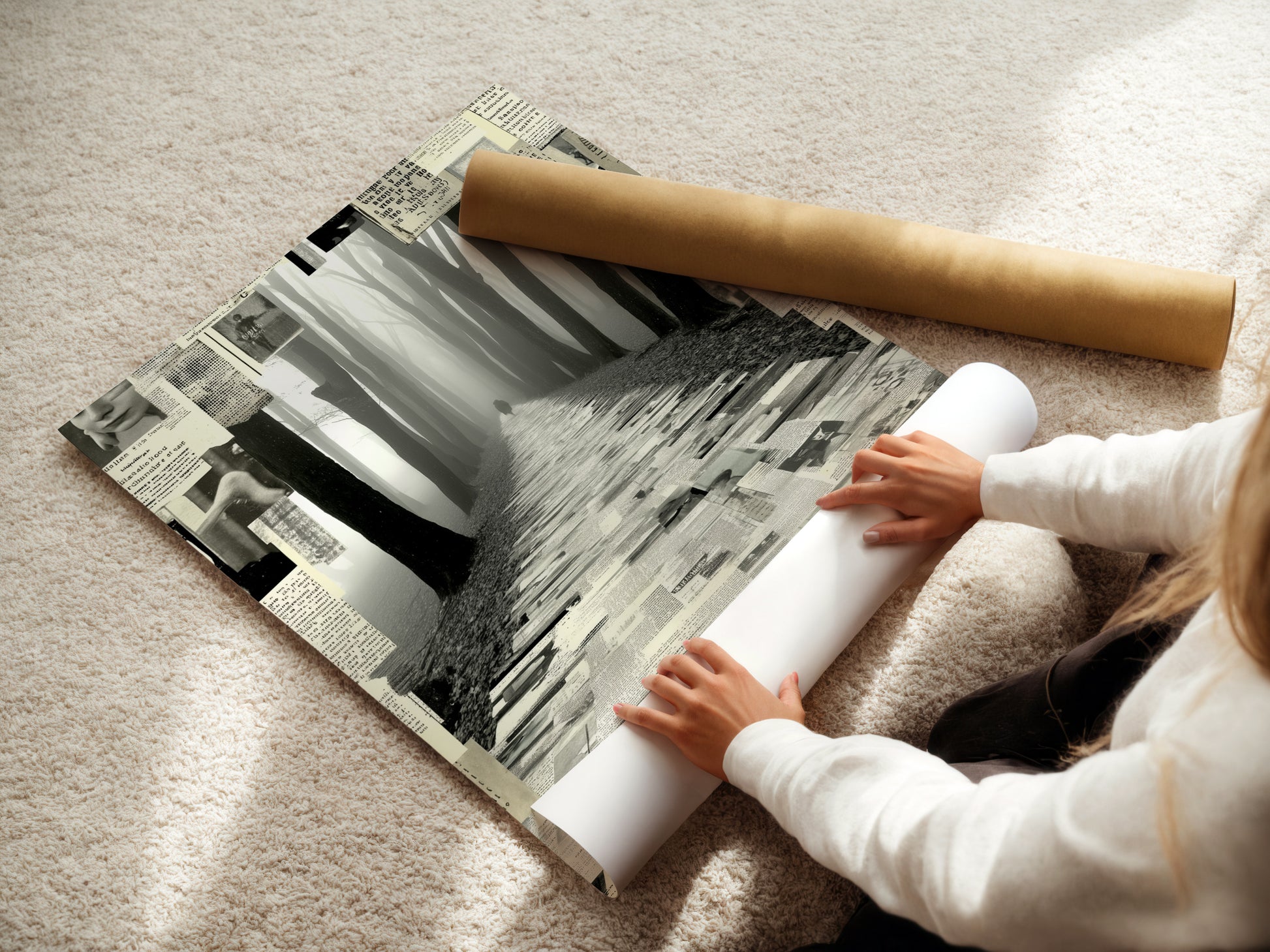 A woman carefully rolls a fine art poster paper of the Foggy Forest Path. This black and white collage wall art is ready to be framed and displayed. Perfect for adding a touch of mystery to your study room. This monochrome print enhances modern minimalist and Scandinavian interiors.
