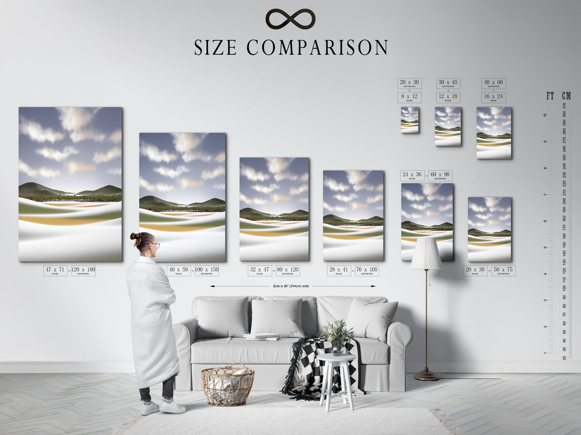 Size comparison chart displayed in an interior setting featuring coastal landscape artwork. Visualize the perfect fit for your space. Choose the ideal size for your beach canvas print. This modern wall art enhances any room. Find the perfect serene nature print for your home decor.