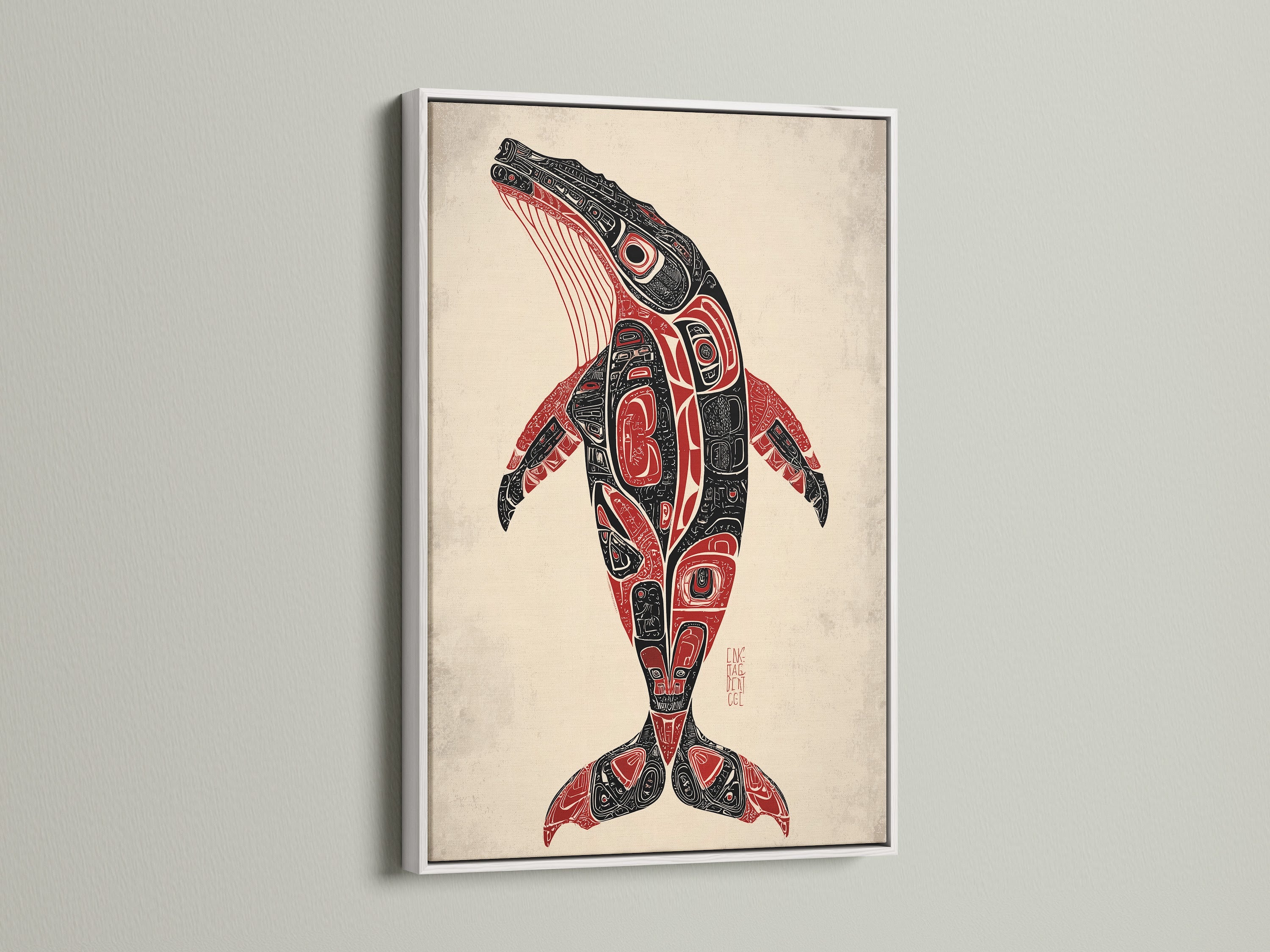 Whale art print featured in a white frame. The indigenous tribal wall art enhances any room. This piece captures pacific northwest native artwork beautifully. Consider this for your office.