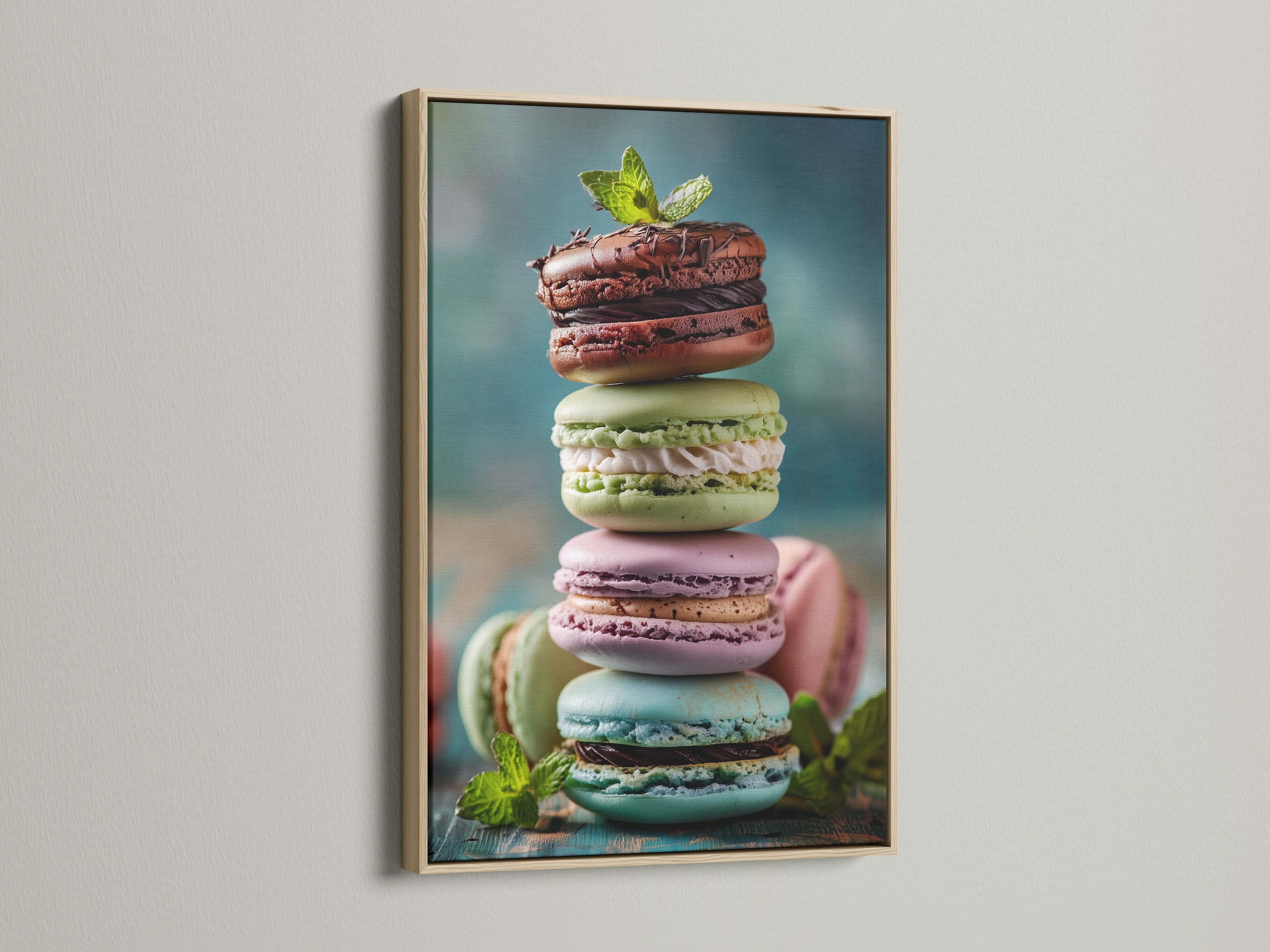 A vibrant macaron tower art print is showcased in an oak frame. The light wood grain complements the colorful dessert. The artwork adds a touch of warmth to the space. Discover how oak frames can enhance your artwork.