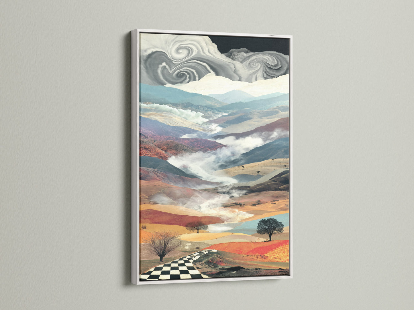 White frame displays a surreal landscape artwork. The art is perfect for adding a dreamy touch to any room. Checkered path detail is unique. A great choice for modern eclectic and transitional styles.