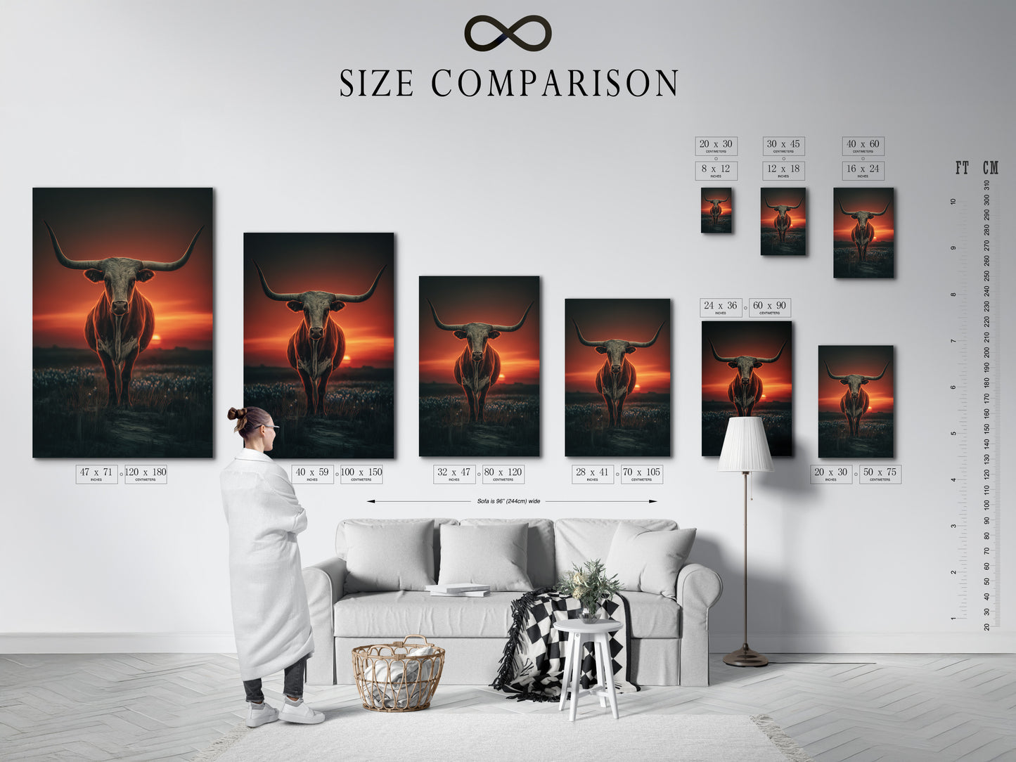 Size comparison chart displayed in an interior setting. See how our longhorn bull artwork fits in various room sizes. This western wall art features a beautiful sunset. Choose the perfect size for your space. Ideal for rustic and country-themed interiors.