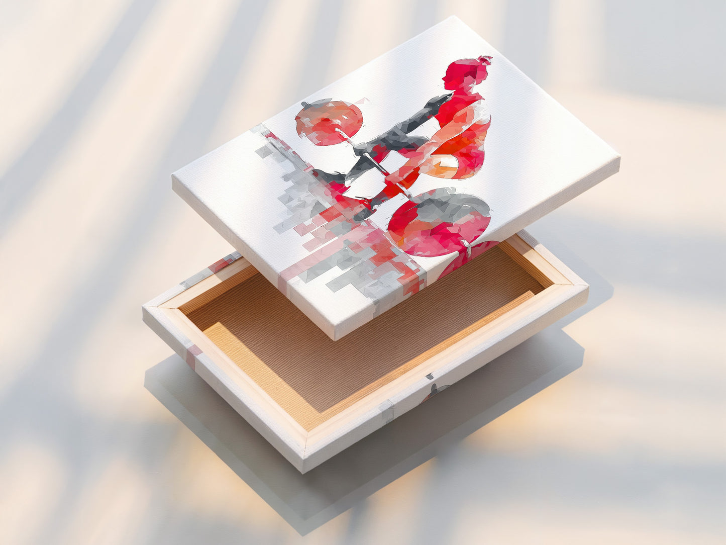 A stretched canvas print featuring geometric fitness artwork. The red abstract gym poster is stretched perfectly and ready to hang. Ideal for creating an inspiring workout environment.