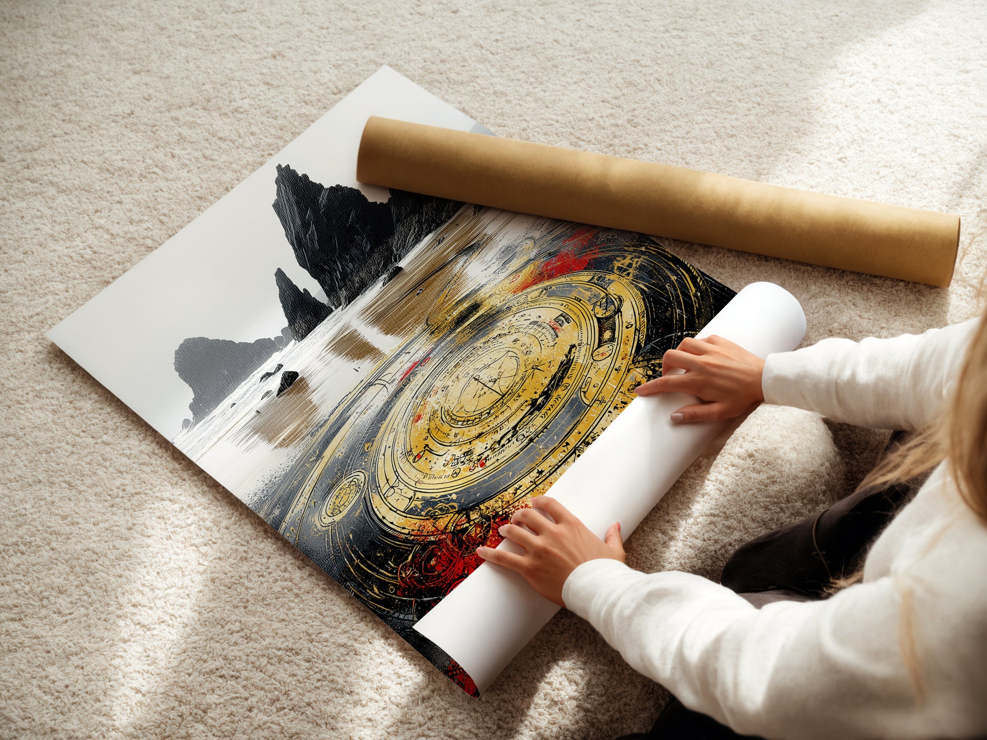 A woman carefully rolls a fine art poster paper featuring mystical compass art. This high-quality steampunk decor is perfect for wall art. Explore our range of fantasy wall art today.