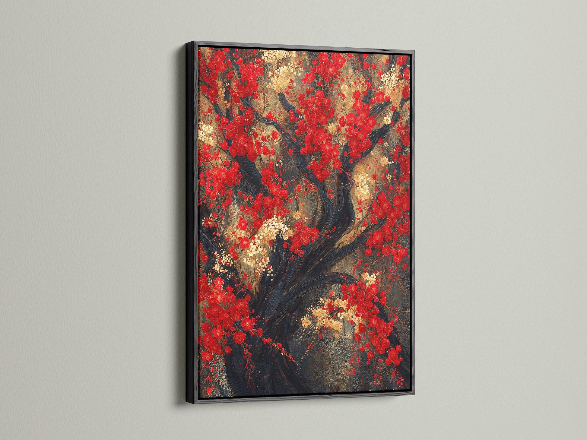 The Red Blossoms Canvas Print is displayed in a sleek black frame. This Asian botanical artwork brings a touch of oriental decor to modern spaces. The Japanese cherry tree wall art features a red floral canvas. Ideal for contemporary wall decor and adding a nature-inspired element to your home. The artwork includes red and gold.
