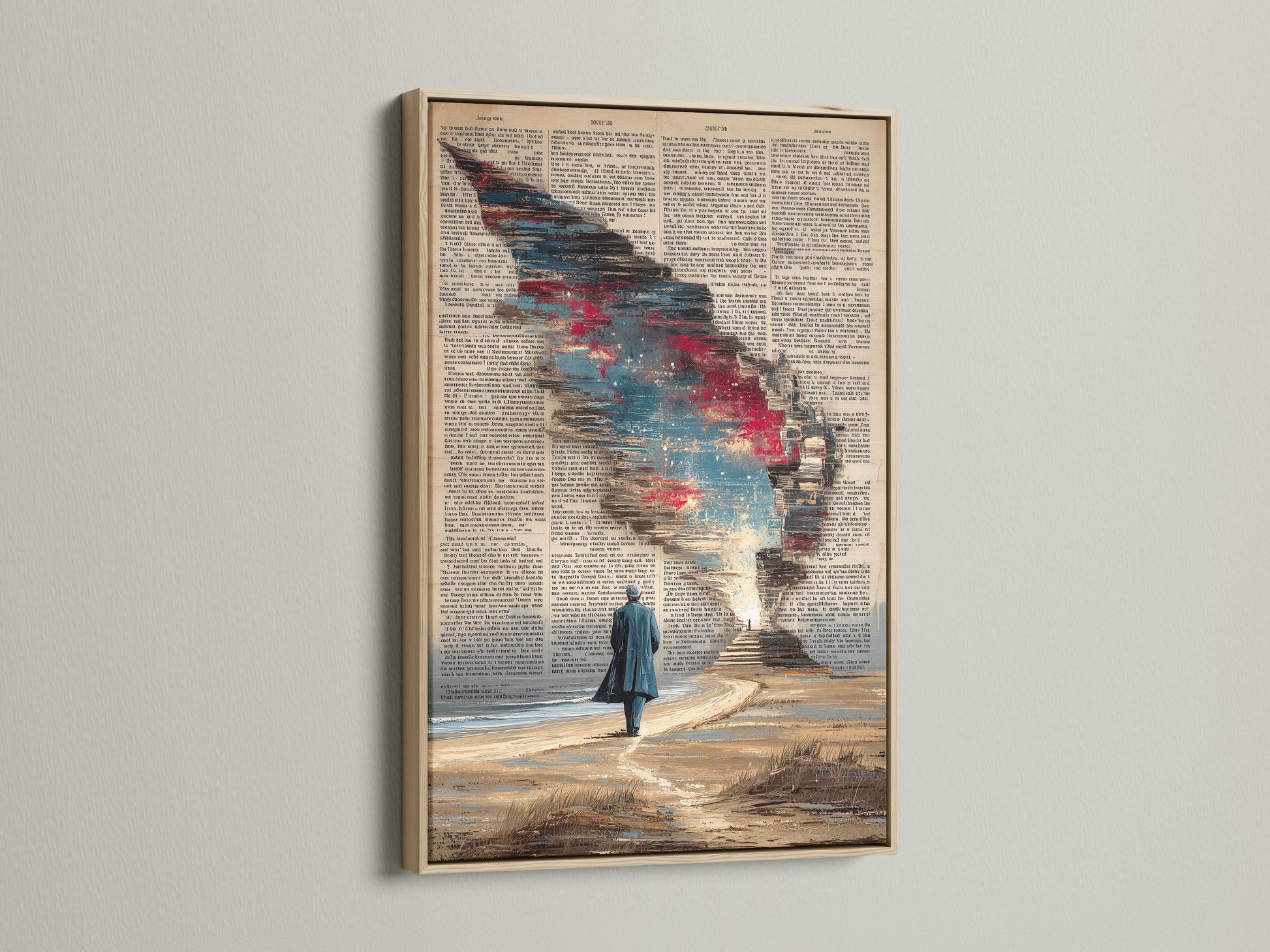 Surreal cosmic sky artwork displayed in an oak frame. This vintage book page canvas print enhances any room. Ideal for office space decor or book lover gifts. The rustic frame adds to the vintage aesthetic. A unique literary art print
