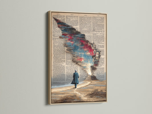 Surreal cosmic sky artwork displayed in an oak frame. This vintage book page canvas print enhances any room. Ideal for office space decor or book lover gifts. The rustic frame adds to the vintage aesthetic. A unique literary art print