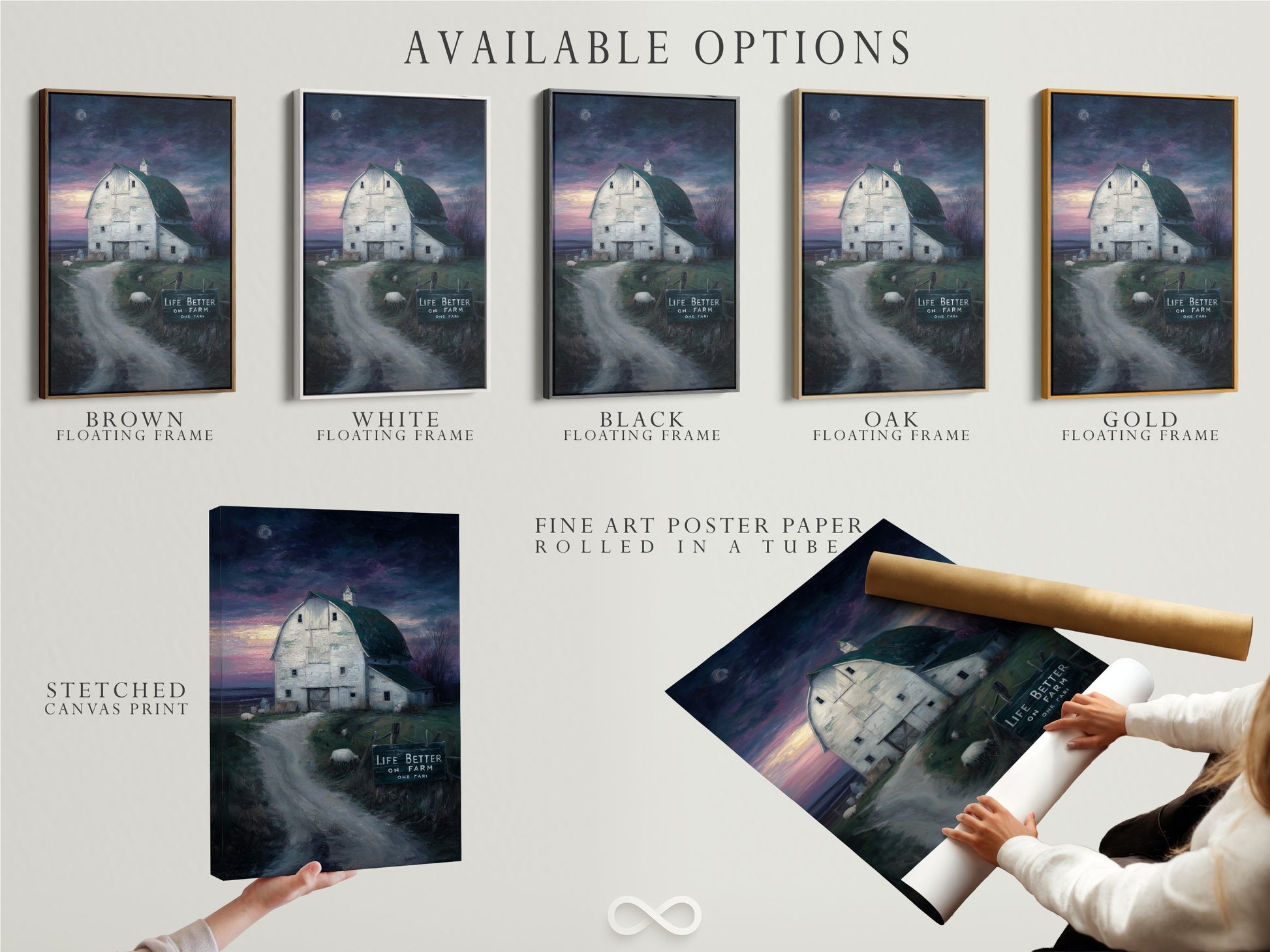 Explore available options for this farmhouse canvas print. Choose from a stretched canvas print a fine art poster paper or a floating frame. Customize your rustic barn wall art. Find the perfect style for your country landscape artwork. Enhance your country home today.