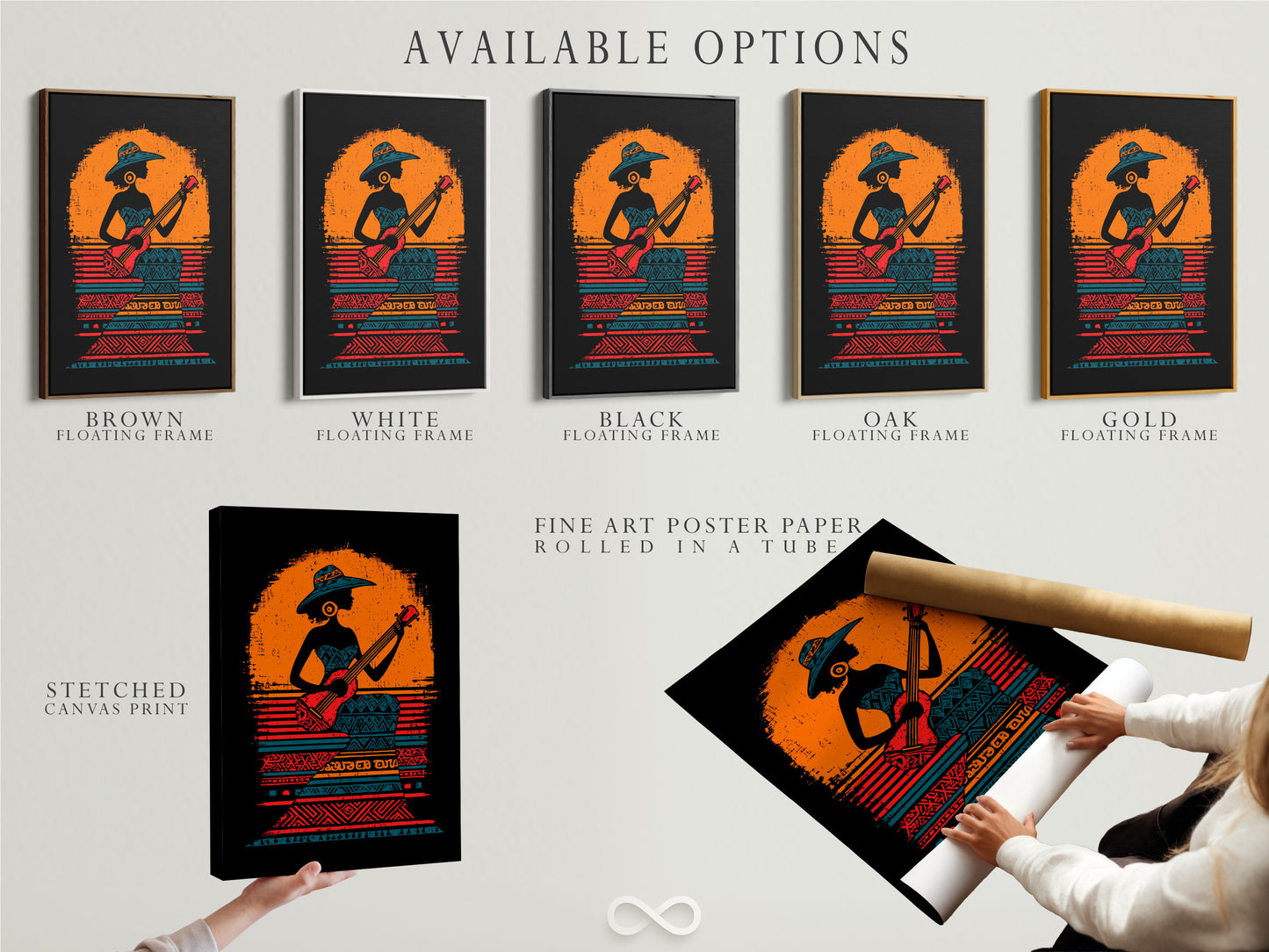 African Woman Guitar Player Art Print - Tribal Music Wall Art, Bohemian Decor, Orange Black Poster, Cultural Music Art