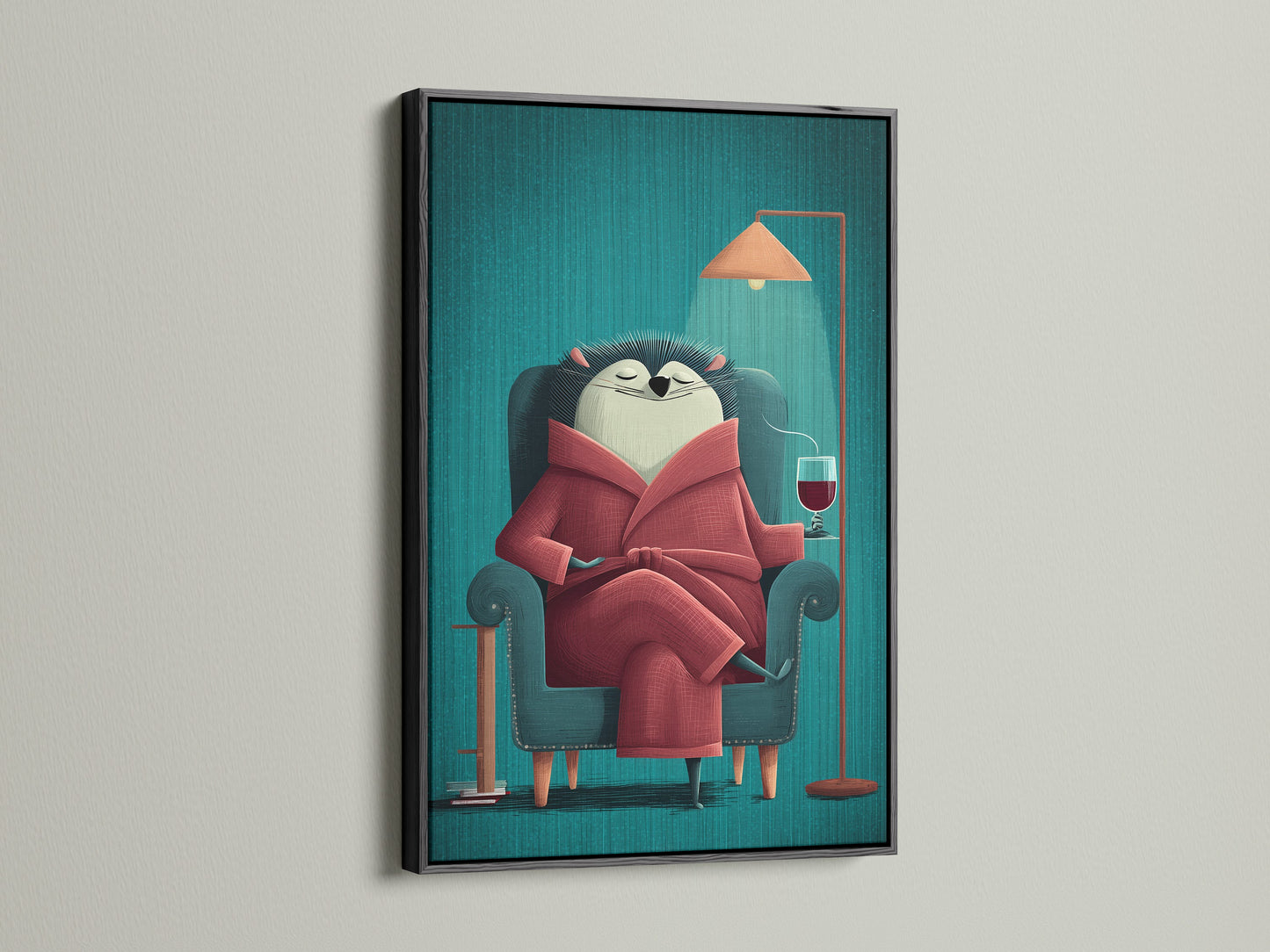 This is the Reading Hedgehog artwork in a sleek black frame. The black frame adds a touch of sophistication. A black frame makes this teal artwork stand out. This animal canvas print is ideal for a home office or library. A perfect gift for bookworms.