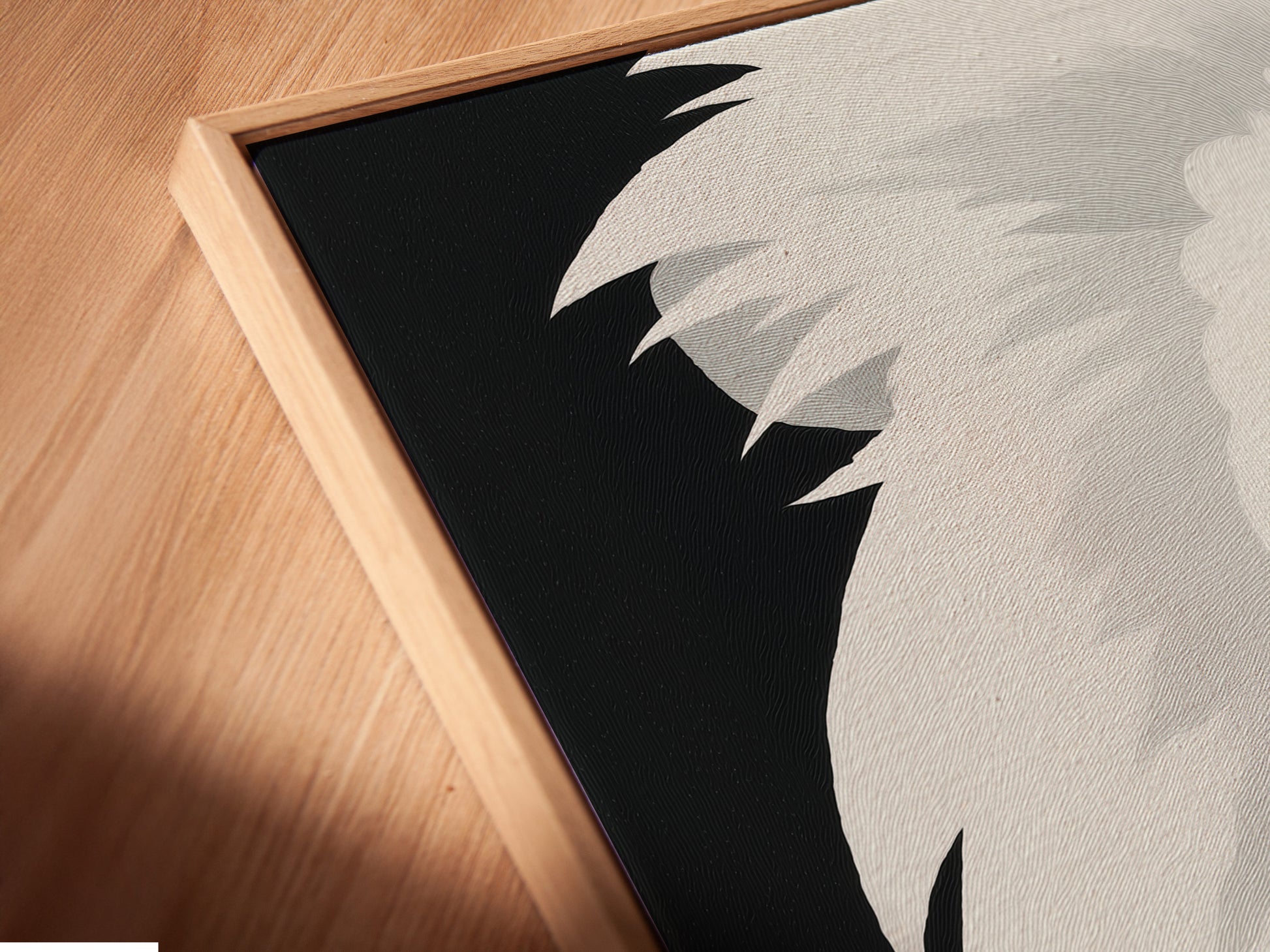 See a close up of a canvas print in a floating frame. The floating frame gives a modern gallery look. It makes the canvas appear to float. It adds depth and dimension to the artwork. Elevate your art with our stylish floating frames.