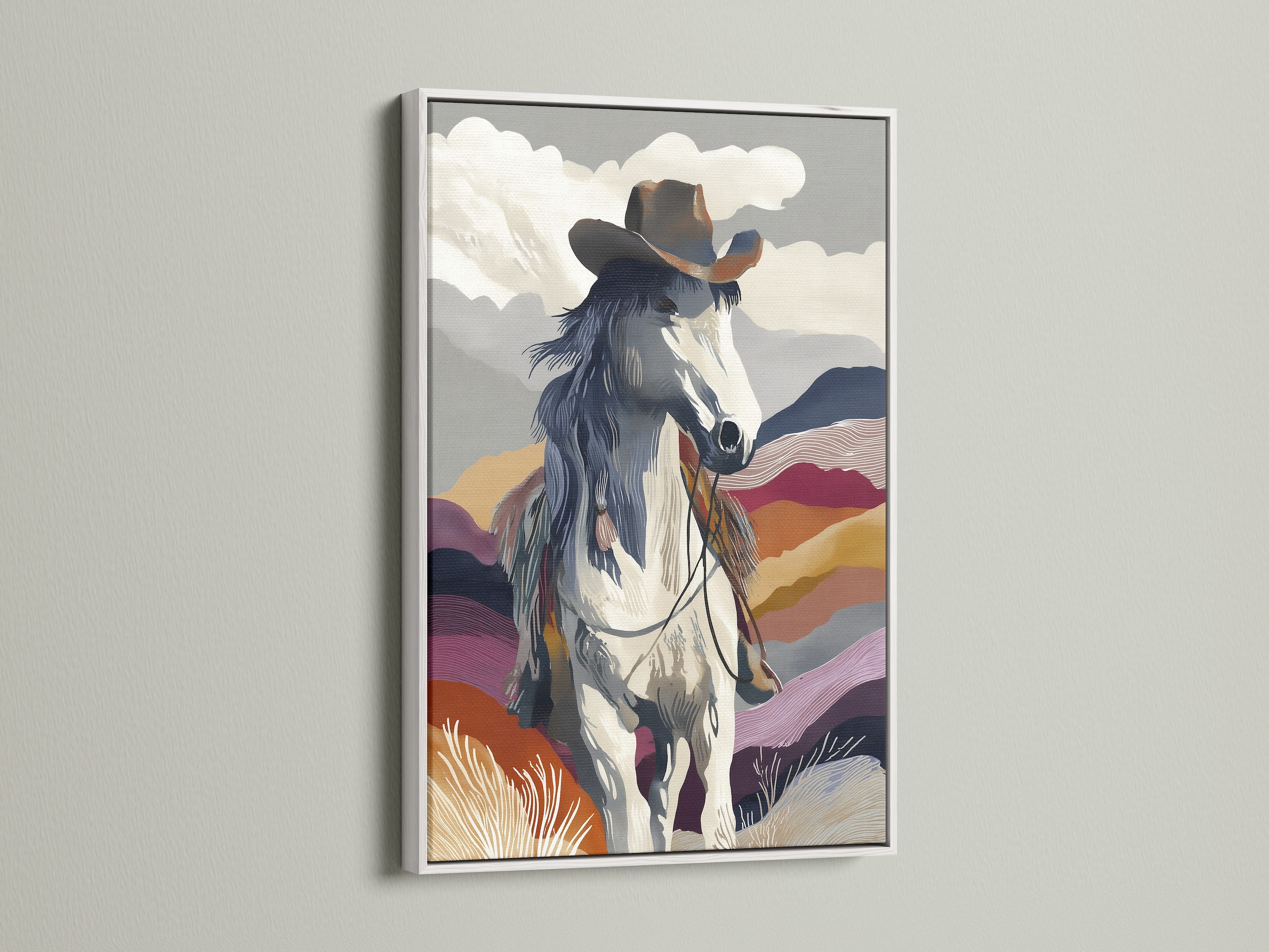 Brighten your walls with this cowboy artwork in a white frame. This western wall art adds a touch of southwestern charm to any room. Ideal for rustic decor this horse canvas art complements your western home decor.