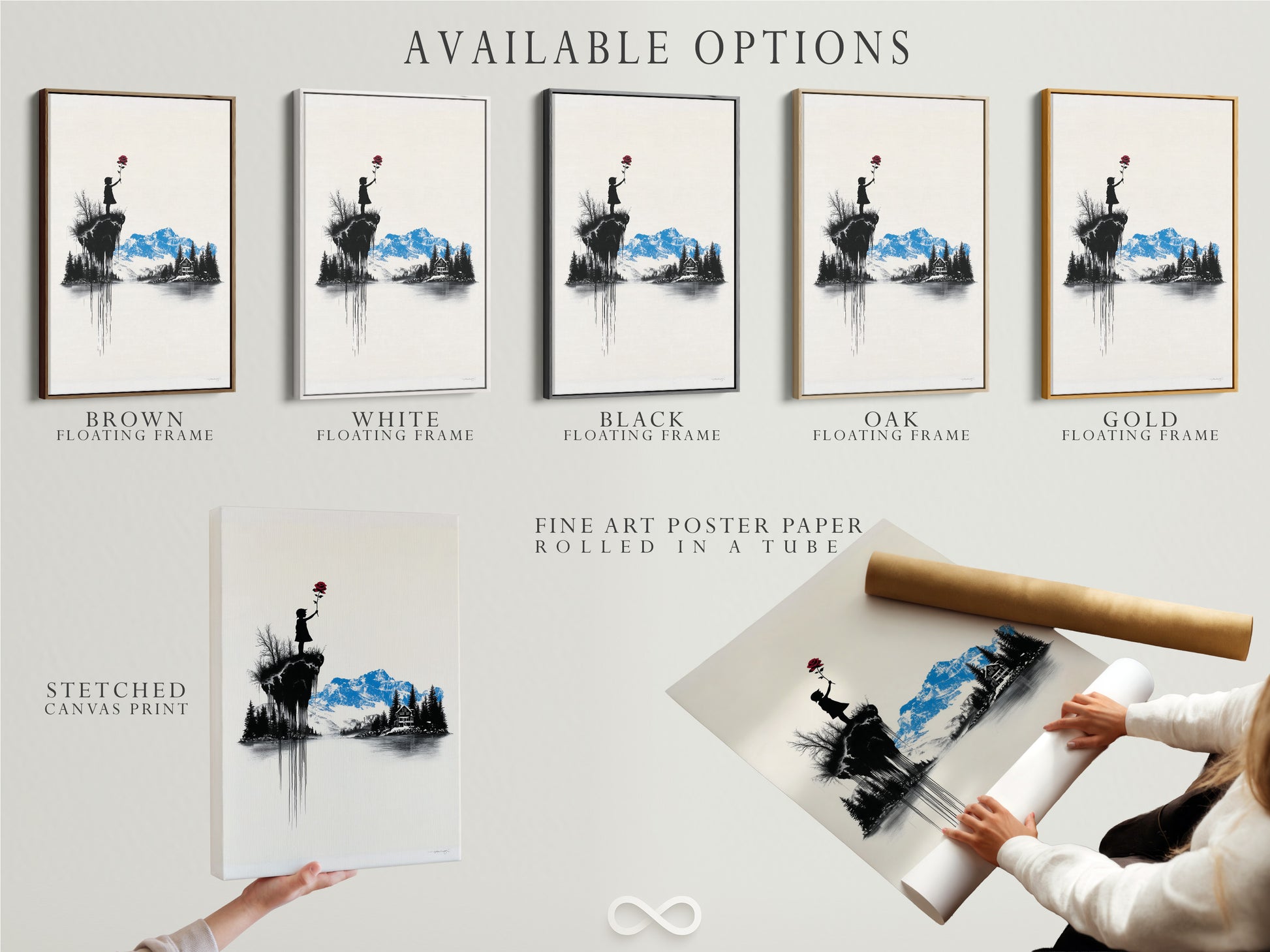 Available artwork options are displayed. Choose from stretched canvas prints. Fine art poster paper is also available. Get a floating frame to match your style. Customize your artwork today.
