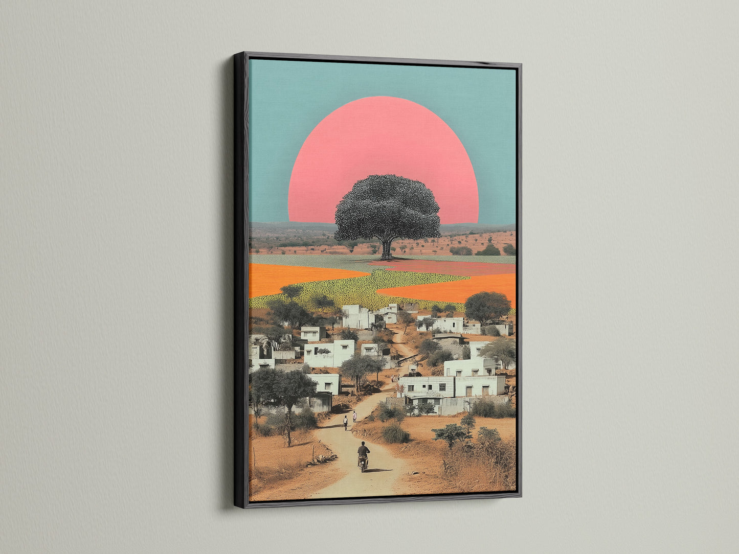 The Indian Village Canvas artwork print is elegantly framed in black. This contrast accentuates the vivid colors and intricate details of the artwork. It's a striking addition to any space looking for global inspired art with a modern touch.