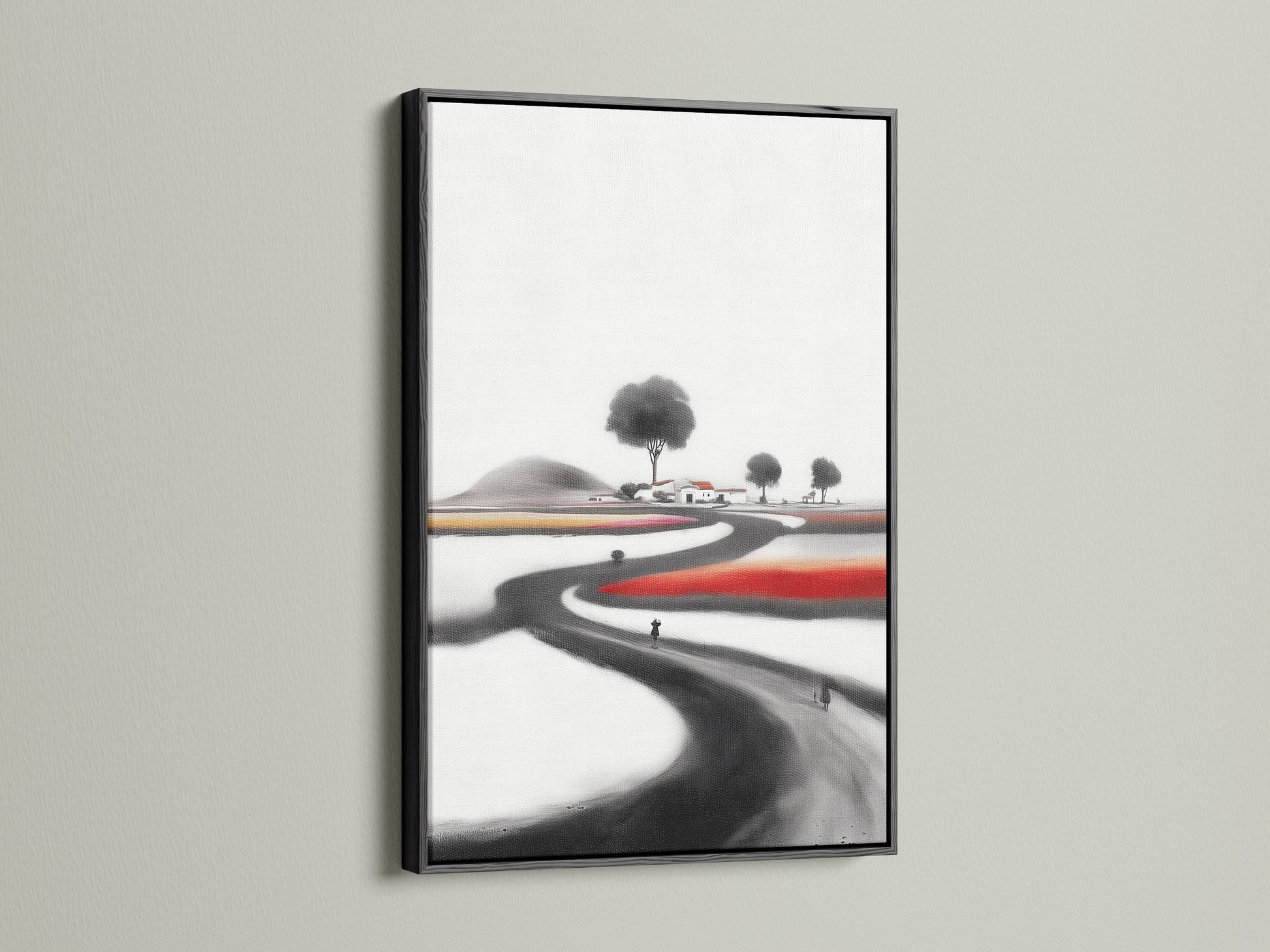 Ink Wash Landscape canvas print in a black frame. This minimalist artwork offers a contemporary touch. The black frame accentuates the Ink Wash Landscape. This piece is ideal for modern interiors. The artwork enhances the serene zen wall art.