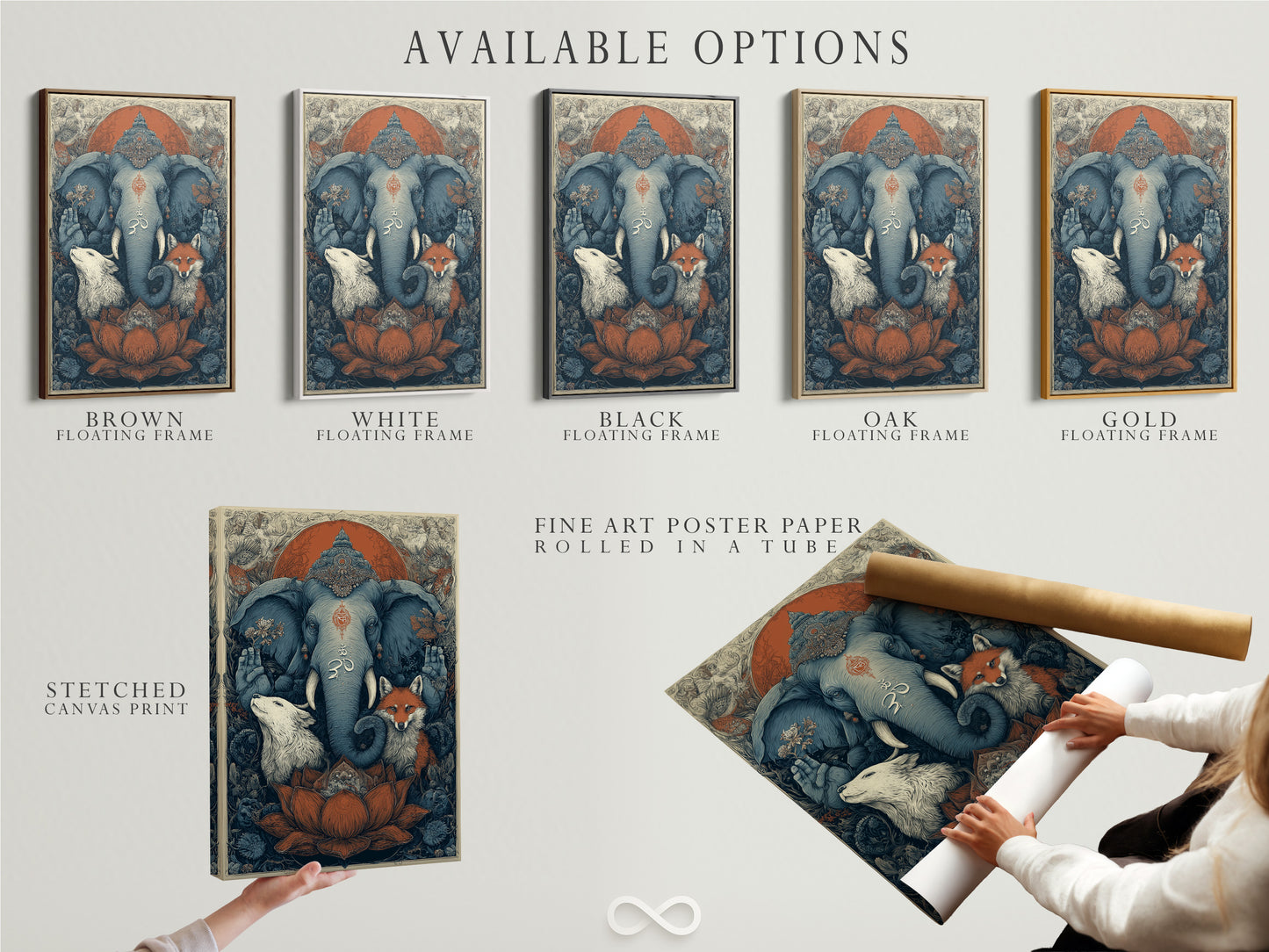 Available options for this sacred animals art print. Choose from a stretched canvas print fine art poster paper or floating frame. This spiritual artwork features an elephant a wolf and a fox. The bohemian meditation room decor includes an Om symbol. Find spiritual home decor and zen wall art.