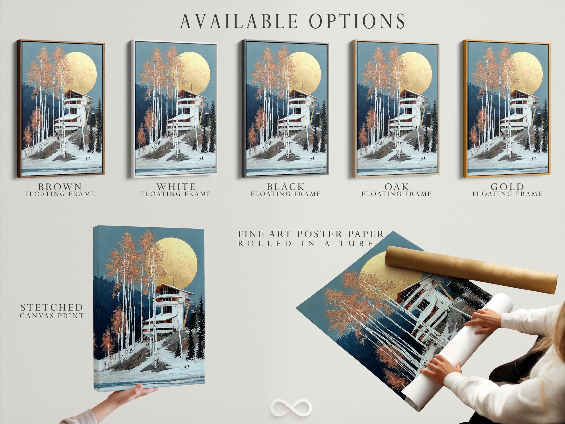 Available options for Winter Ski Lodge artwork. Choose from stretched canvas print fine art poster paper or floating frame. Each option enhances the snowy mountain scene. Find the perfect style for your decor needs. Add alpine charm to your home today. Discover the best wall art.