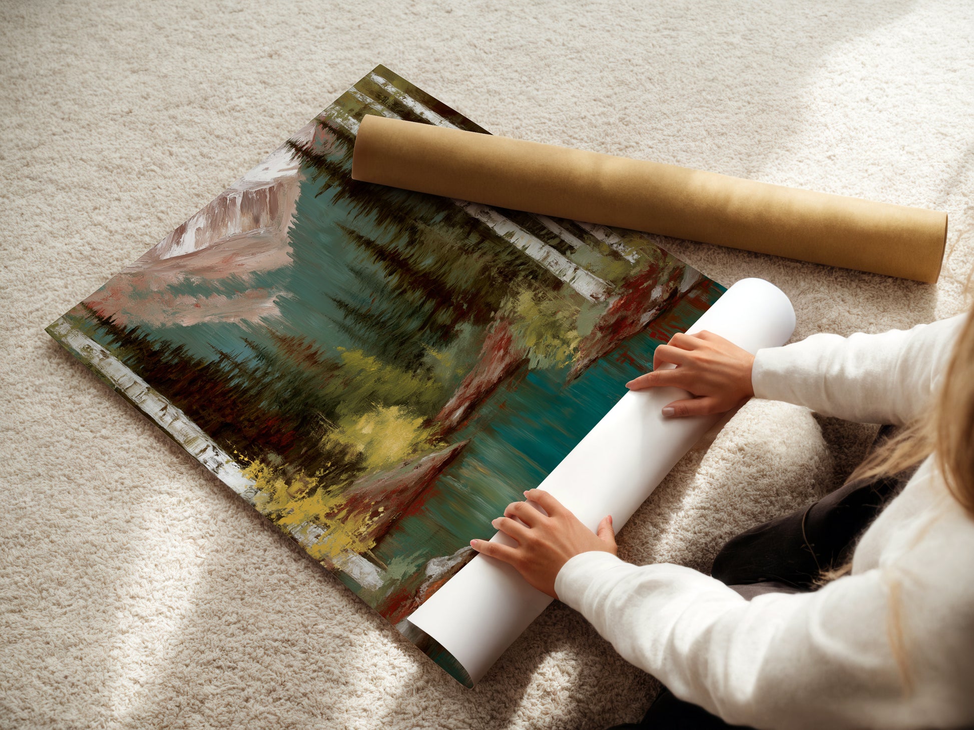 A woman is carefully rolling a fine art poster paper of the Mountain Lake artwork. The artwork features a teal lake surrounded by a forest and mountains. The fine art poster paper captures every detail of the original artwork. Ideal for those who appreciate high-quality prints. Preserve the beauty of nature.