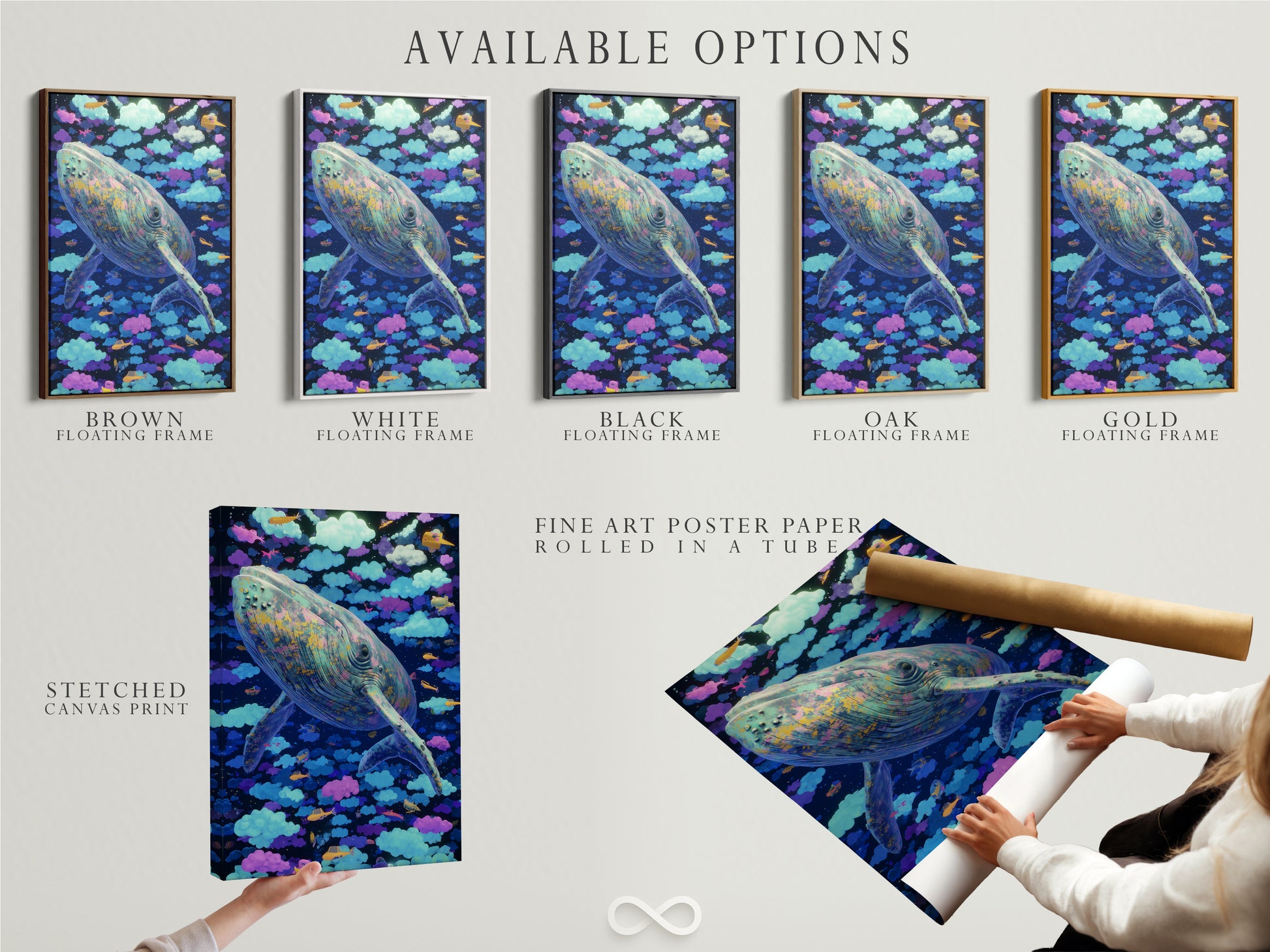 Available options include a stretched canvas print fine art poster paper and floating frame. The Whale Canvas Print shows dreamy surreal sky wall art. This fantasy artwork is perfect for kids room decor.