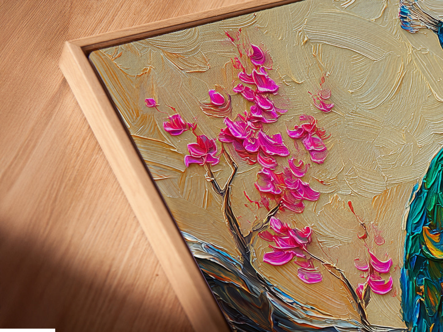 An angled close up reveals a canvas print in a floating frame. The artwork features a peacock. The floating frame gives a modern gallery like appearance. The canvas texture and vibrant colors are highlighted in this view.