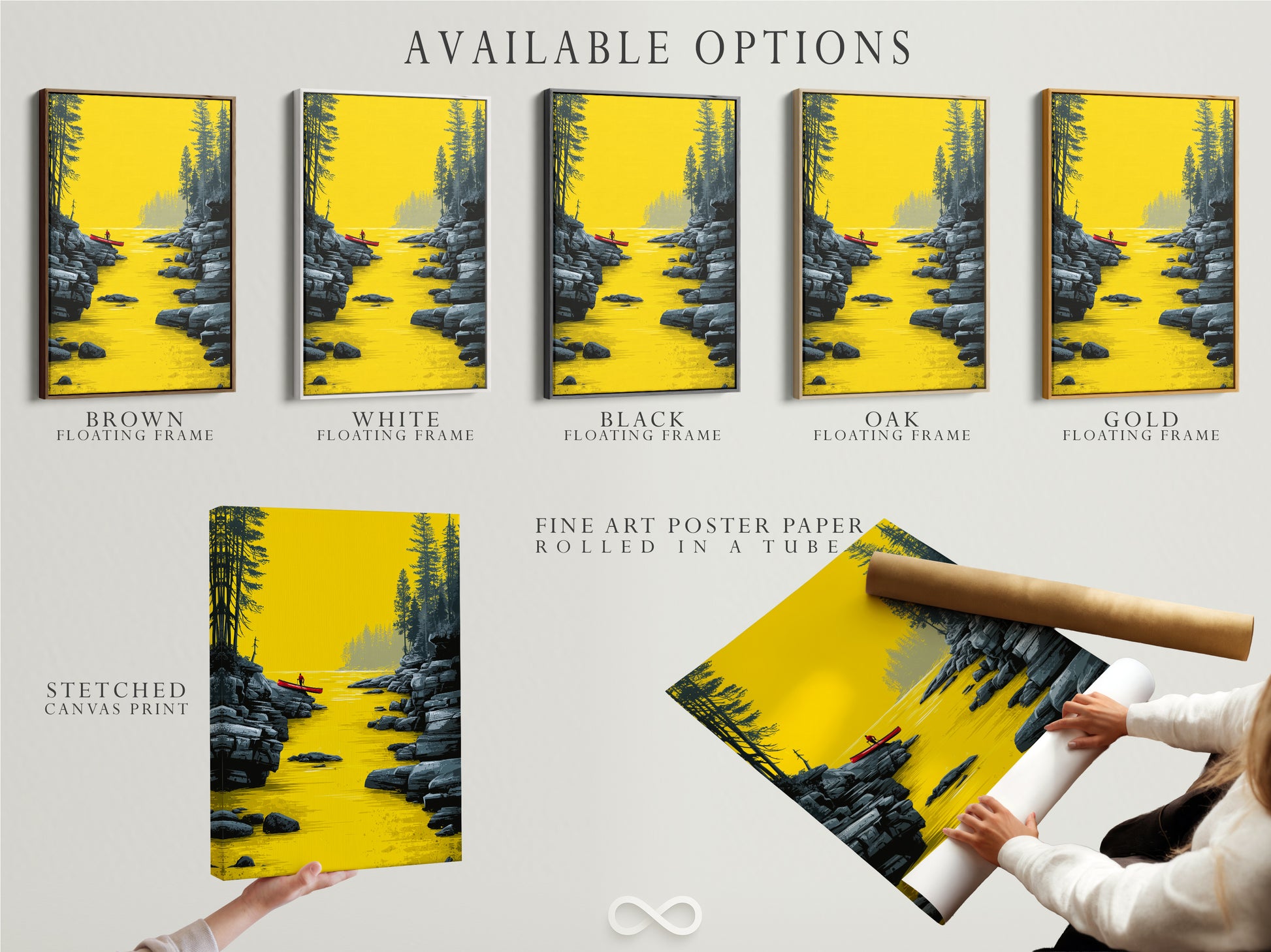 Available options for the River Kayak artwork. Choose between a stretched canvas print fine art poster paper or a floating frame. Find the perfect modern landscape artwork for your office or living room today.