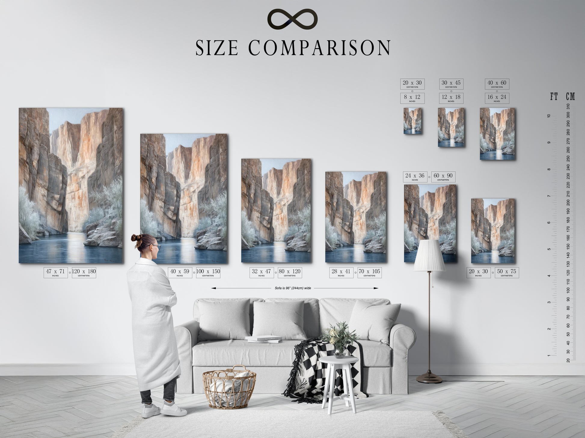 A size comparison chart displayed in an interior setting. The chart showcases various sizes of the Canyon River canvas print. Visualize the perfect fit for your space. Choose the ideal size for your desert landscape artwork. Find the right dimensions for your neutral wall art today. Shop for earth tone art with confidence.
