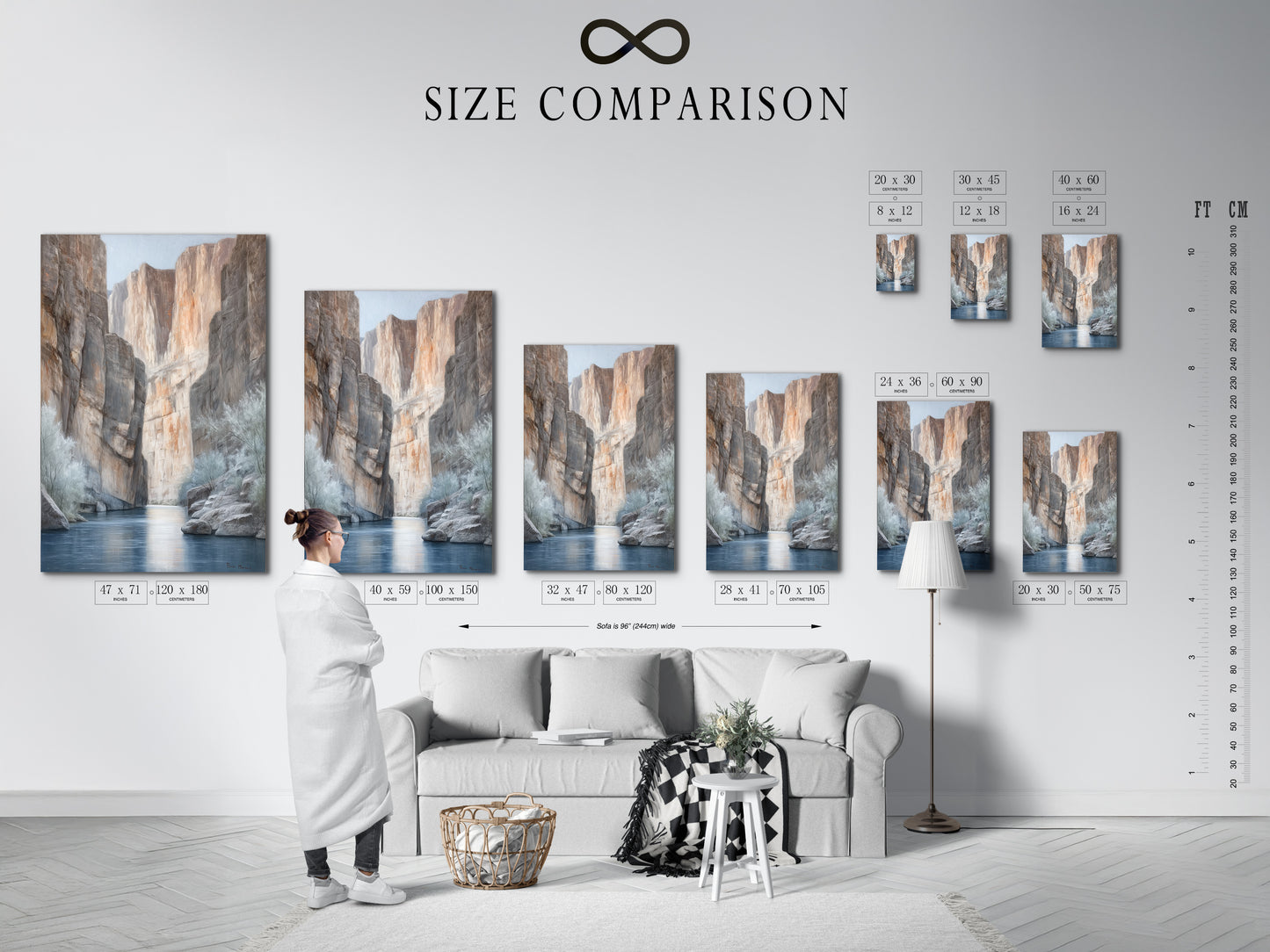 A size comparison chart displayed in an interior setting. The chart showcases various sizes of the Canyon River canvas print. Visualize the perfect fit for your space. Choose the ideal size for your desert landscape artwork. Find the right dimensions for your neutral wall art today. Shop for earth tone art with confidence.