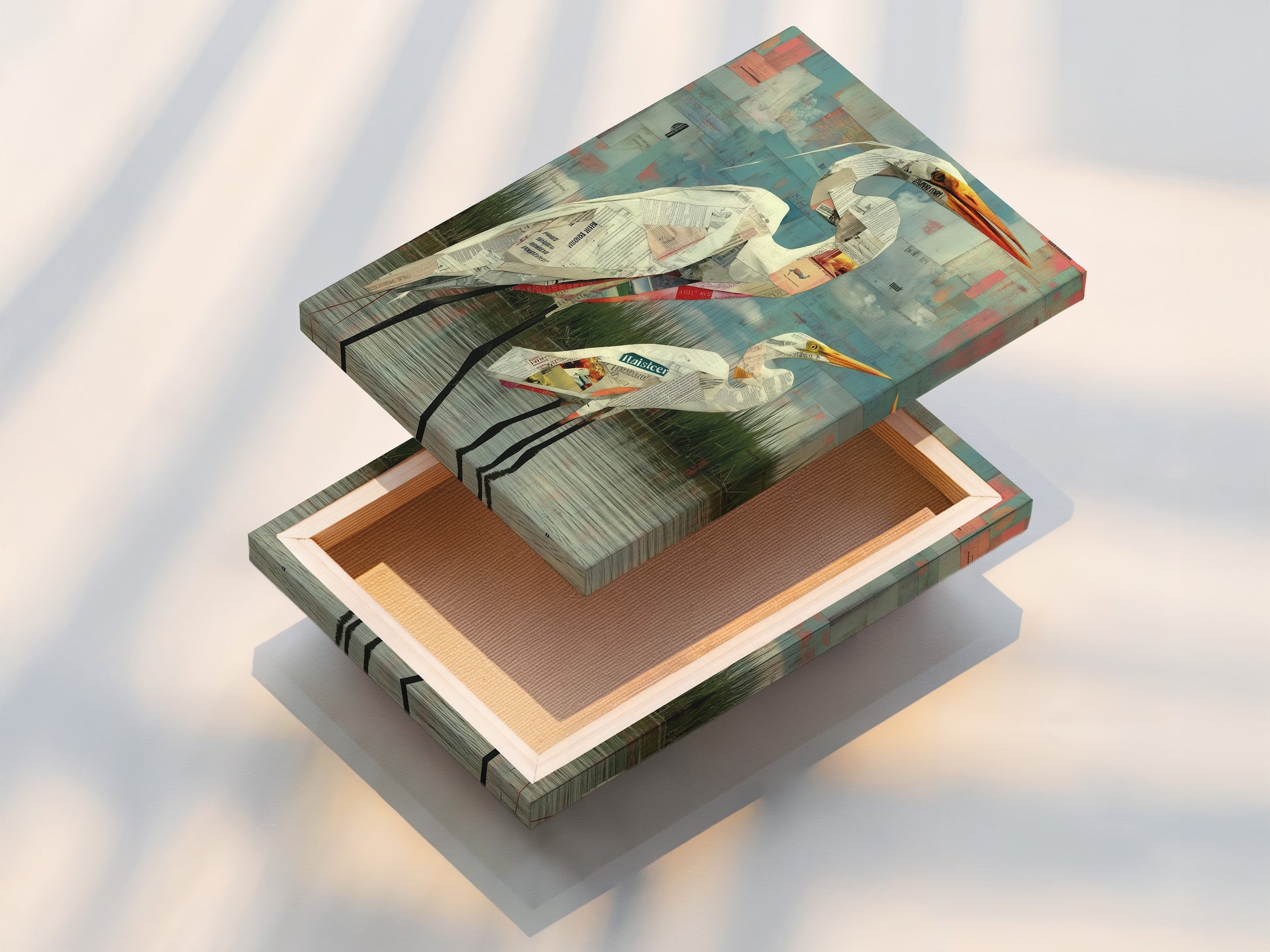 A stretched canvas print of heron artwork. This bird canvas is ready to hang. Adds coastal charm to any room. A modern print for your home. High-quality canvas ensures lasting beauty.