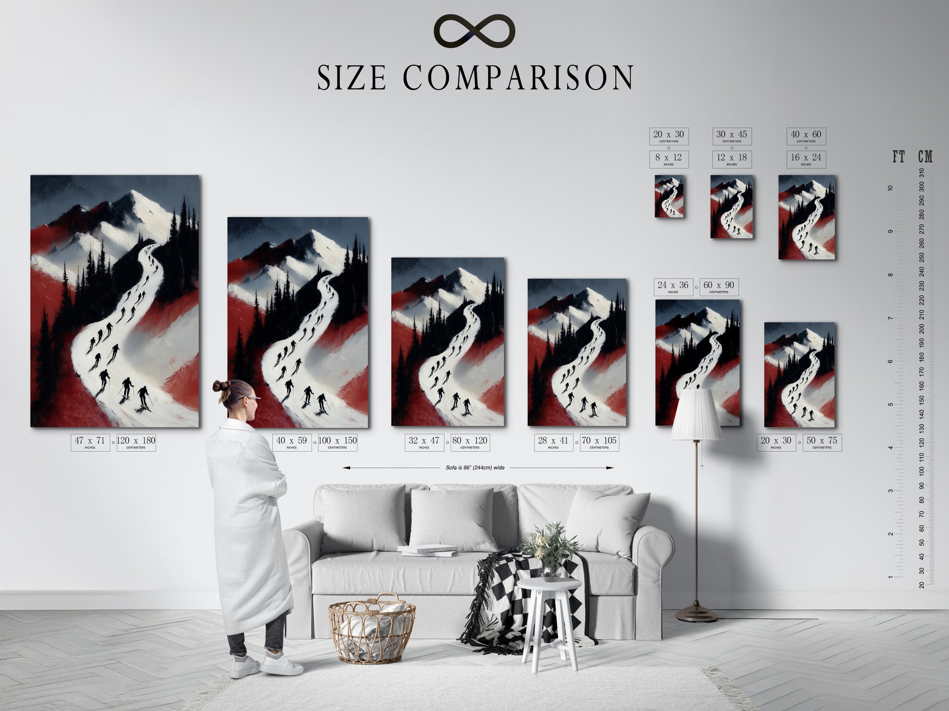 A size comparison chart is displayed in an interior setting. This helps visualize the scale of the ski mountain artwork. Choose the perfect size for your living room bedroom or ski lodge.