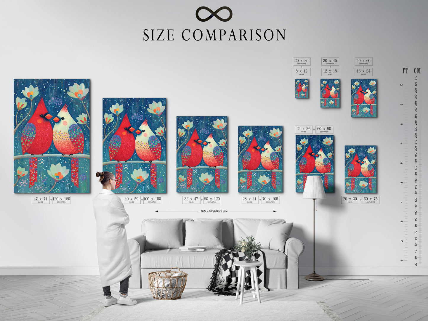 A size comparison chart displayed in an interior setting. The chart shows various sizes of the cardinal bird artwork. Choose the perfect size for your space. This whimsical print is great for nursery wall decor or as a bird lover gift.