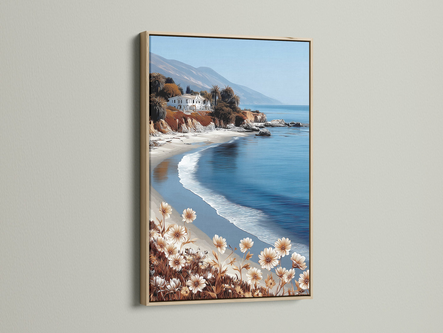 This is a coastal beach canvas art piece. The artwork is framed in a natural oak frame. The serene California seascape adds a calming touch to any space. Ideal for beach house decor or anyone seeking tranquil wall art.