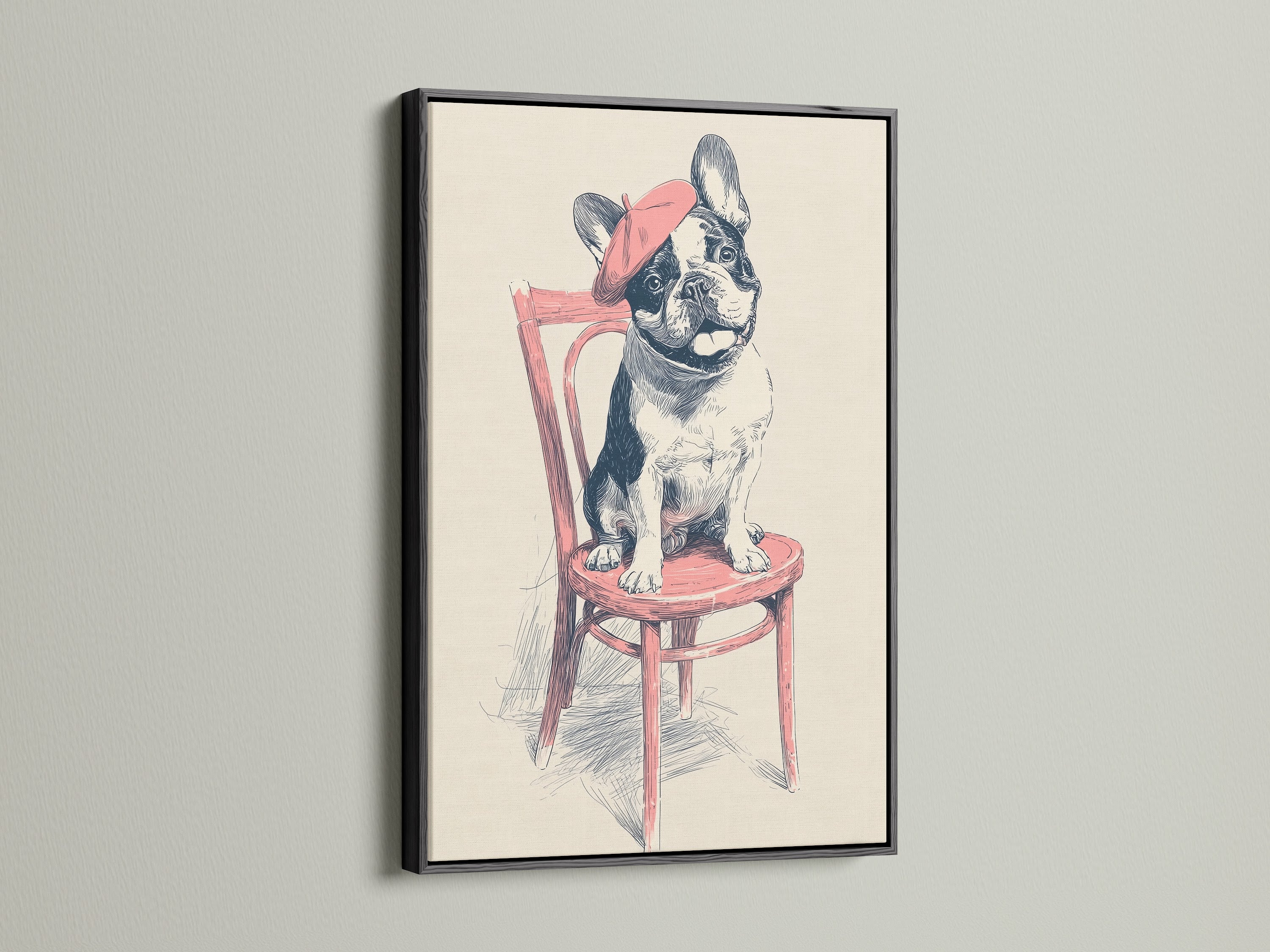 French Bulldog illustration in a black frame. The black frame adds a modern touch. This pet portrait suits Scandinavian interiors. Enhance your home office or pet store with this piece. This quirky wall art is a conversation starter.