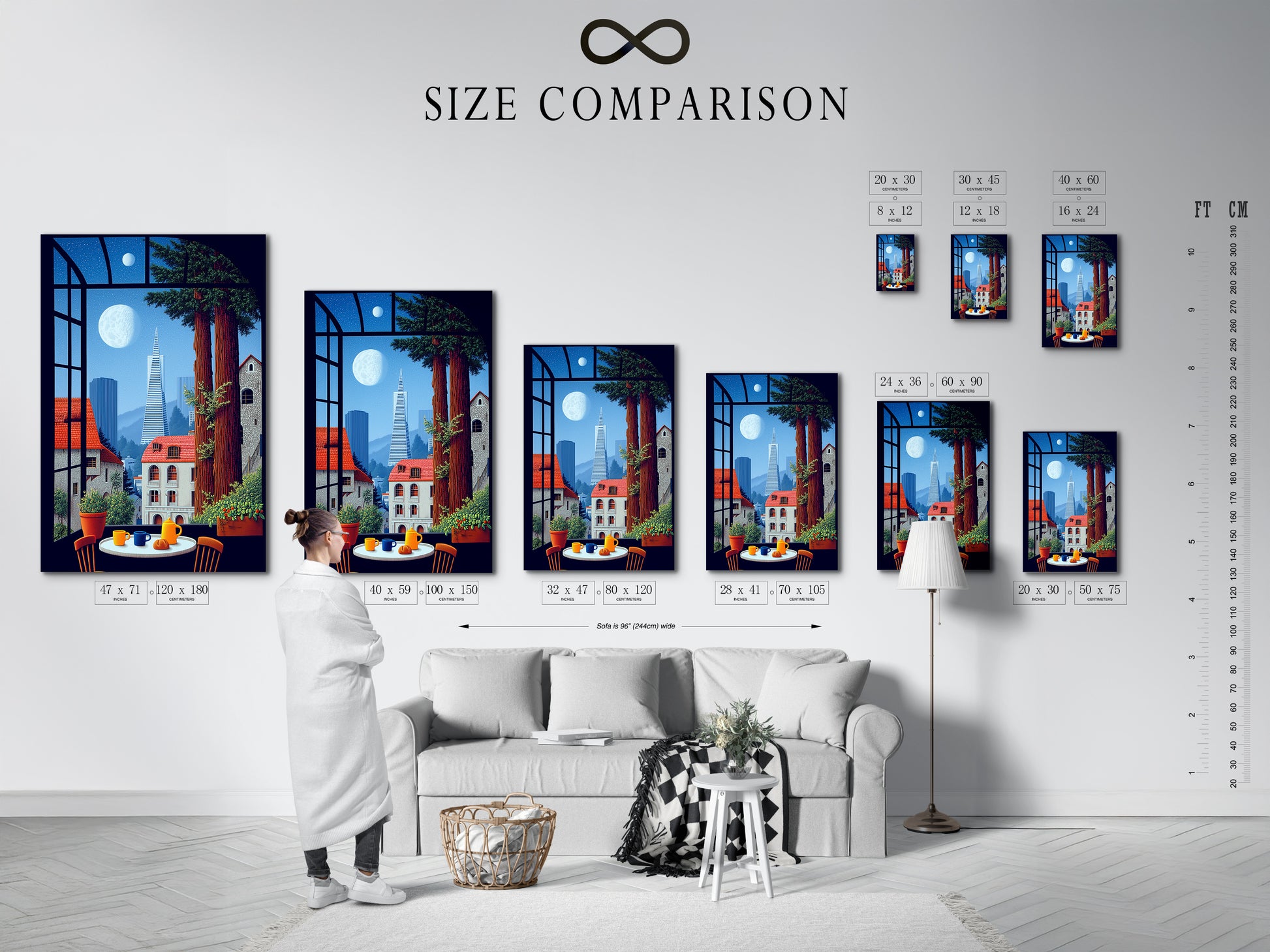 A size comparison chart displayed in an interior setting. This chart helps visualize the artwork dimensions. The chart illustrates how the San Francisco art fits in various spaces. This ensures the perfect fit for your wall. See the options.