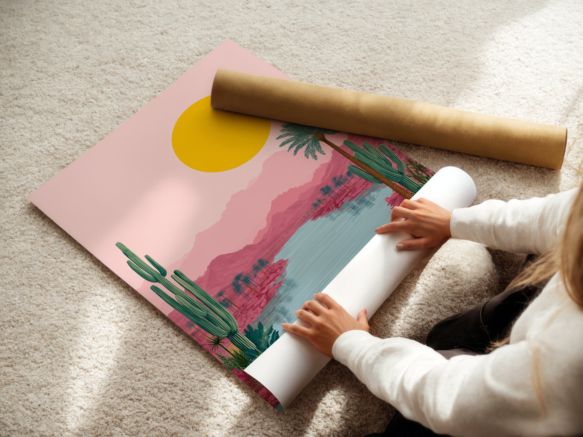 A woman is carefully rolling a fine art poster paper featuring the Desert Oasis artwork. The poster showcases a beautiful desert landscape. The pink and teal hues create a calming effect. Perfect for adding a touch of boho to your space.