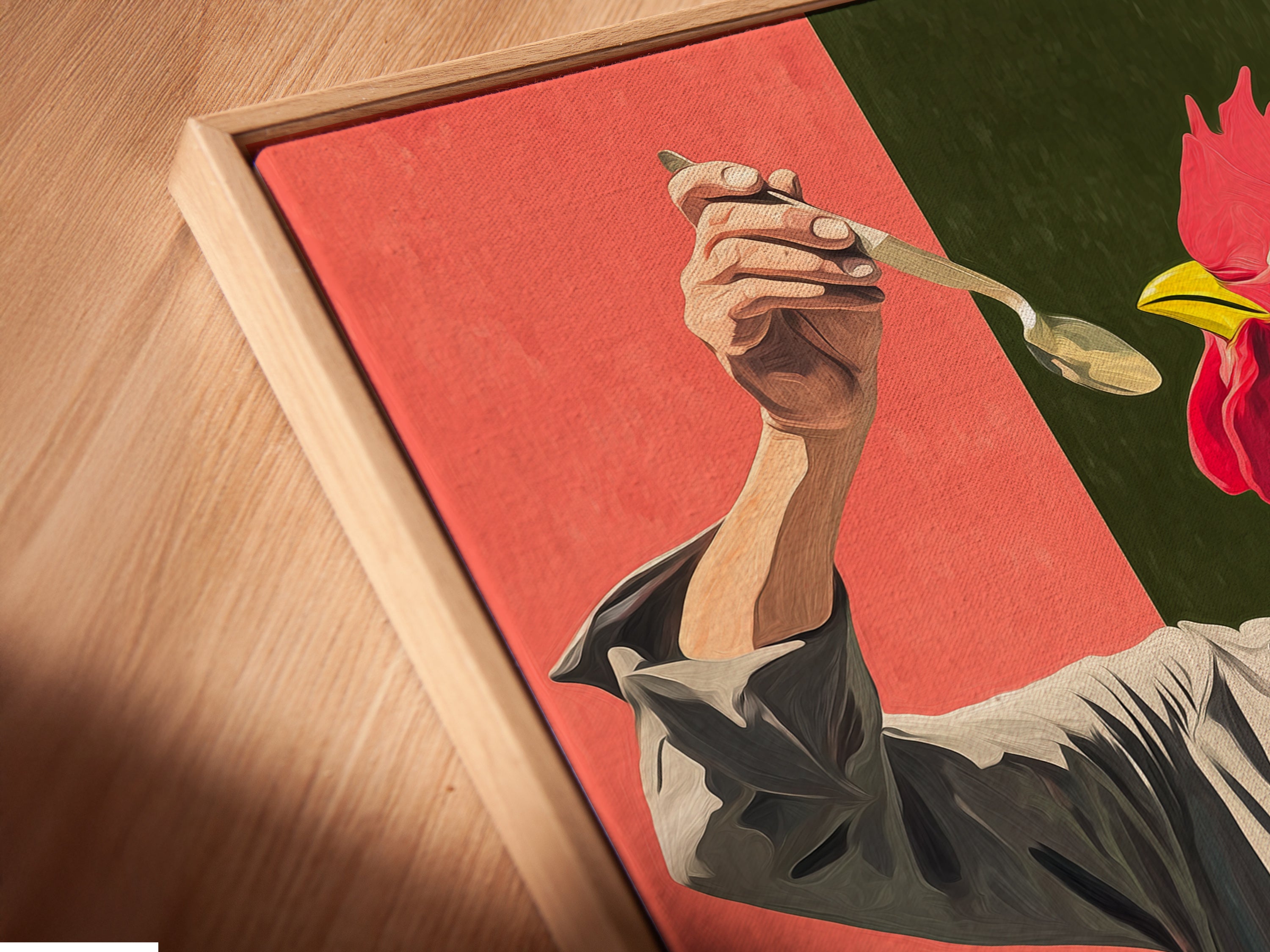 A close up angled view of a Chef Rooster canvas print. The print is displayed in a floating frame. This culinary art poster brings a unique touch. It is perfect for restaurants and cooking enthusiasts. The artwork is a conversation starter. It is a great gift for food lovers.