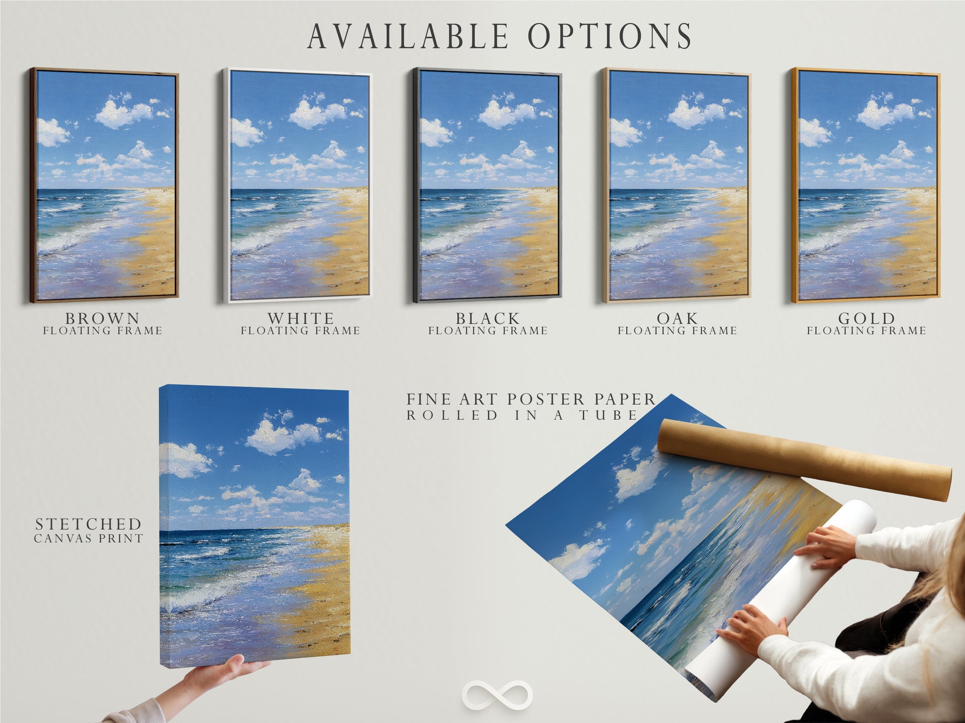 A display of available artwork options. Options include a stretched canvas print. Also available is a fine art poster paper. The other option is a floating frame. Choose the perfect style to complement your artwork.