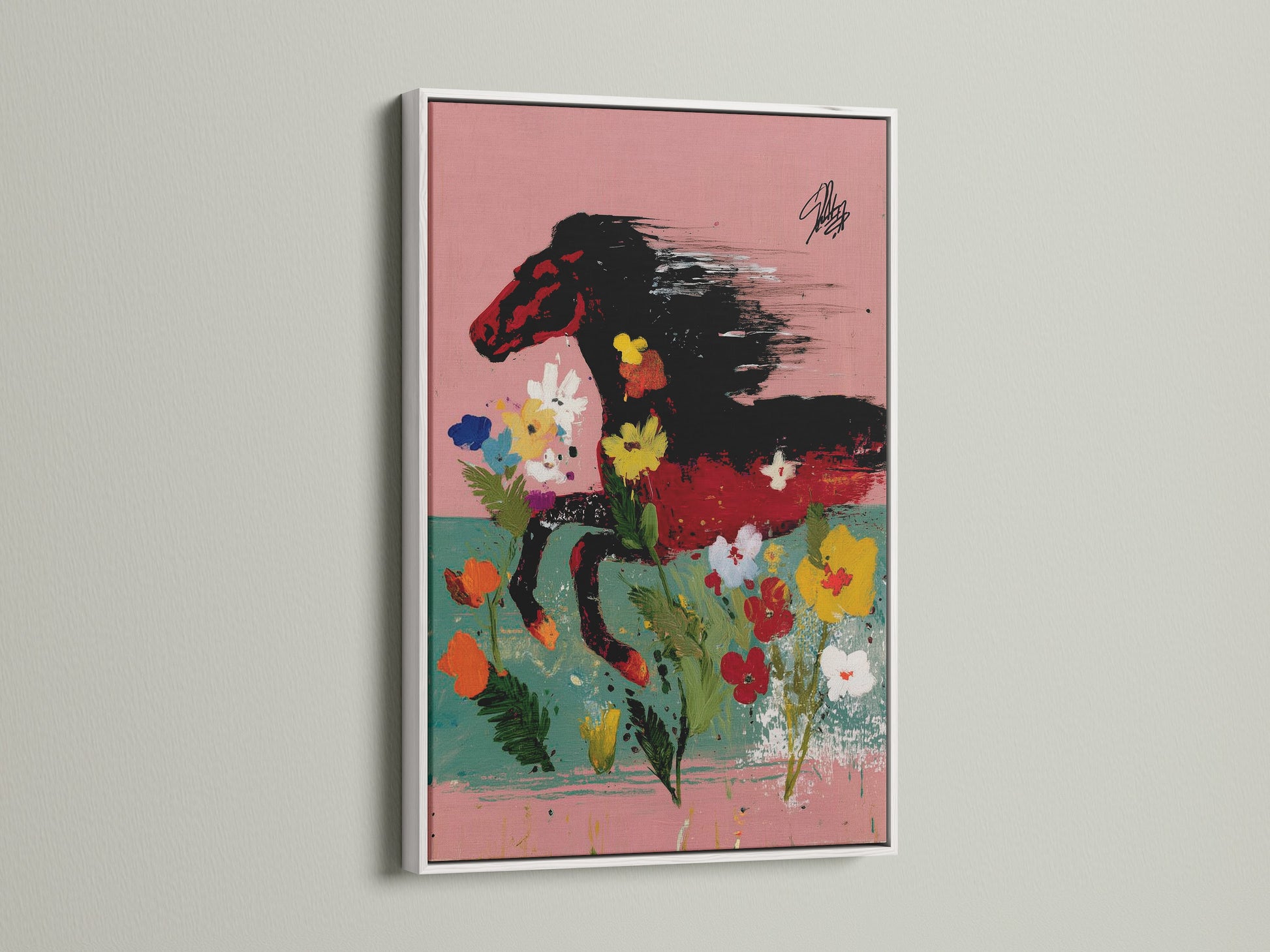 Wild Horse Canvas Art showcased in a white frame. The vibrant floral horse print brings a bohemian flair to your walls. This abstract animal artwork is great for creating a stylish and inviting atmosphere. Transform your space with this colorful horse art.