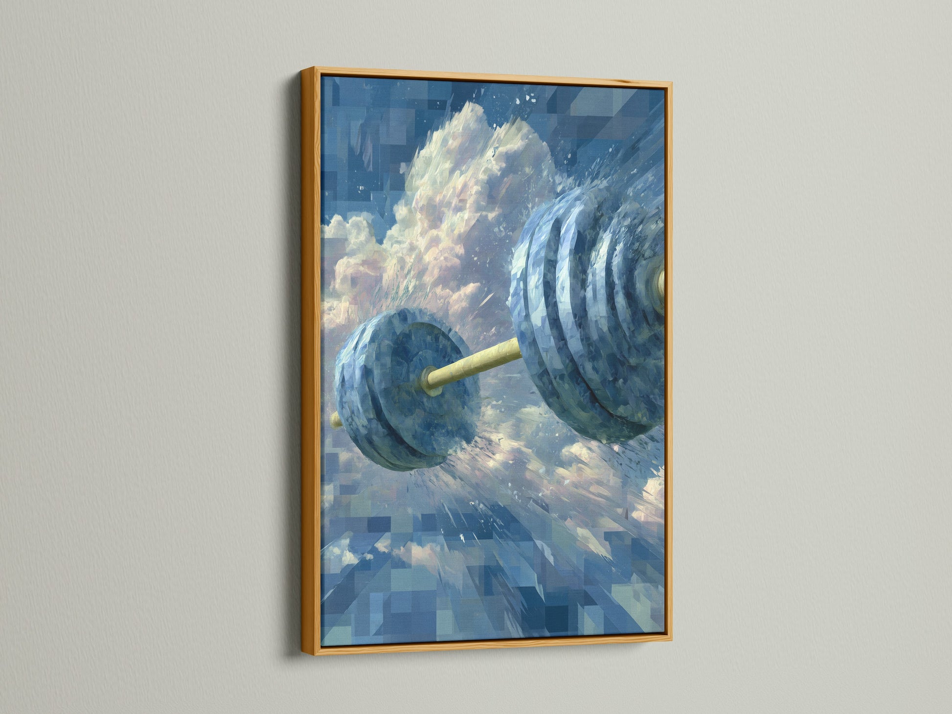 Fitness Motivation Canvas Print displayed in a gold frame. The dumbbell art print brings a touch of elegance to your gym room decor. This fitness canvas art creates a luxurious home workout space.