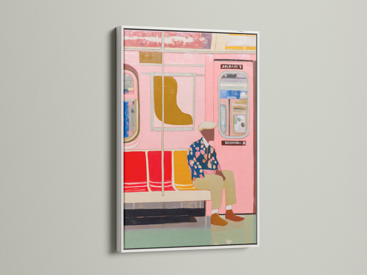 Pink Subway Art Print in a white frame. This modern artwork adds a touch of urban style to any room. The transit poster is perfect for contemporary apartment decor. The art complements minimalist urban or modern styles. It enhances living rooms apartments offices studios lobbies clinics cafรฉs and co-working spaces.