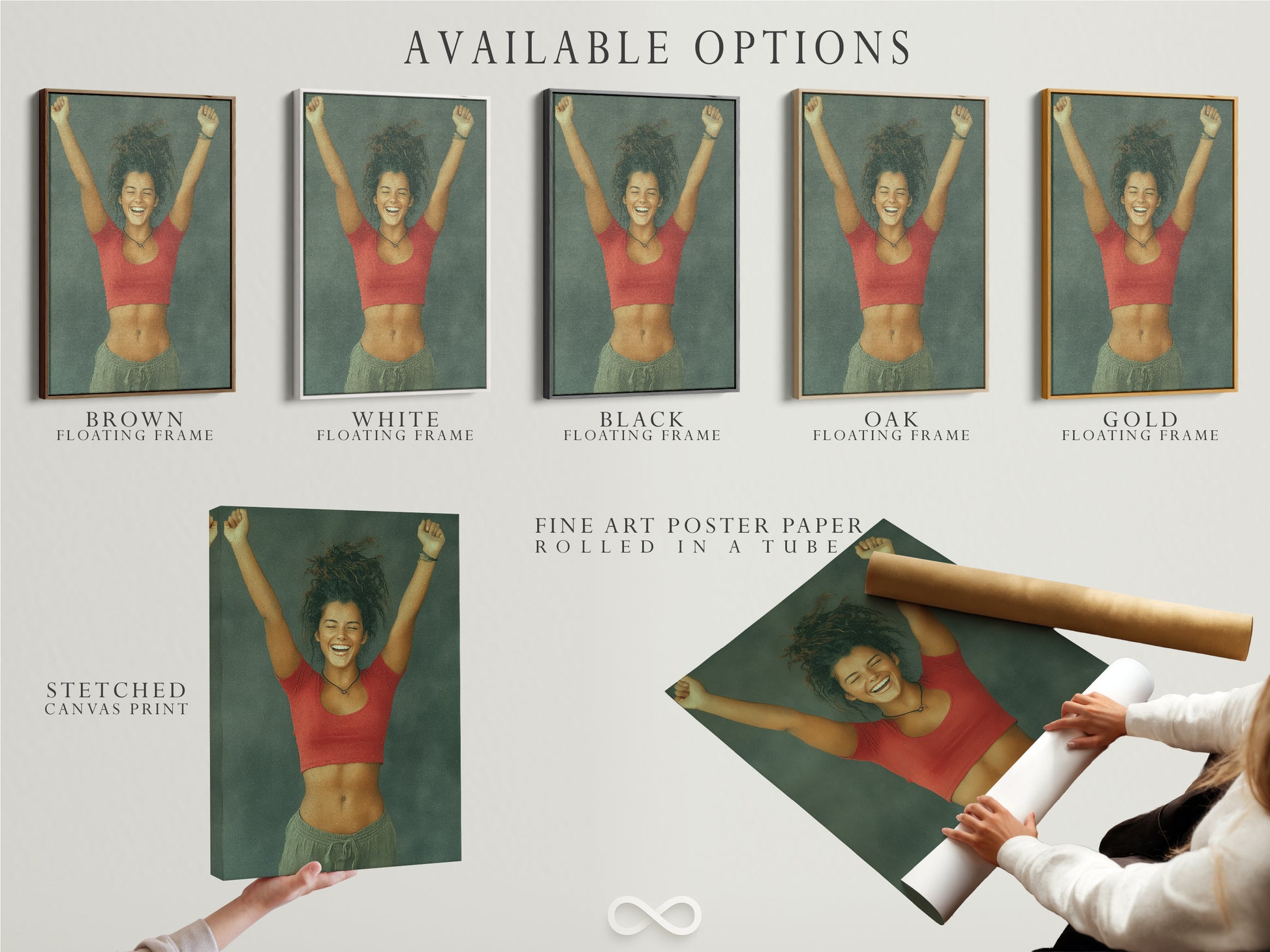 Available options for Euphoric Woman art. Choose from stretched canvas prints fine art poster paper or floating frames. Find the perfect style for your space. Cheerful art for any room. Ecstatic joy wall art that is expressive.
